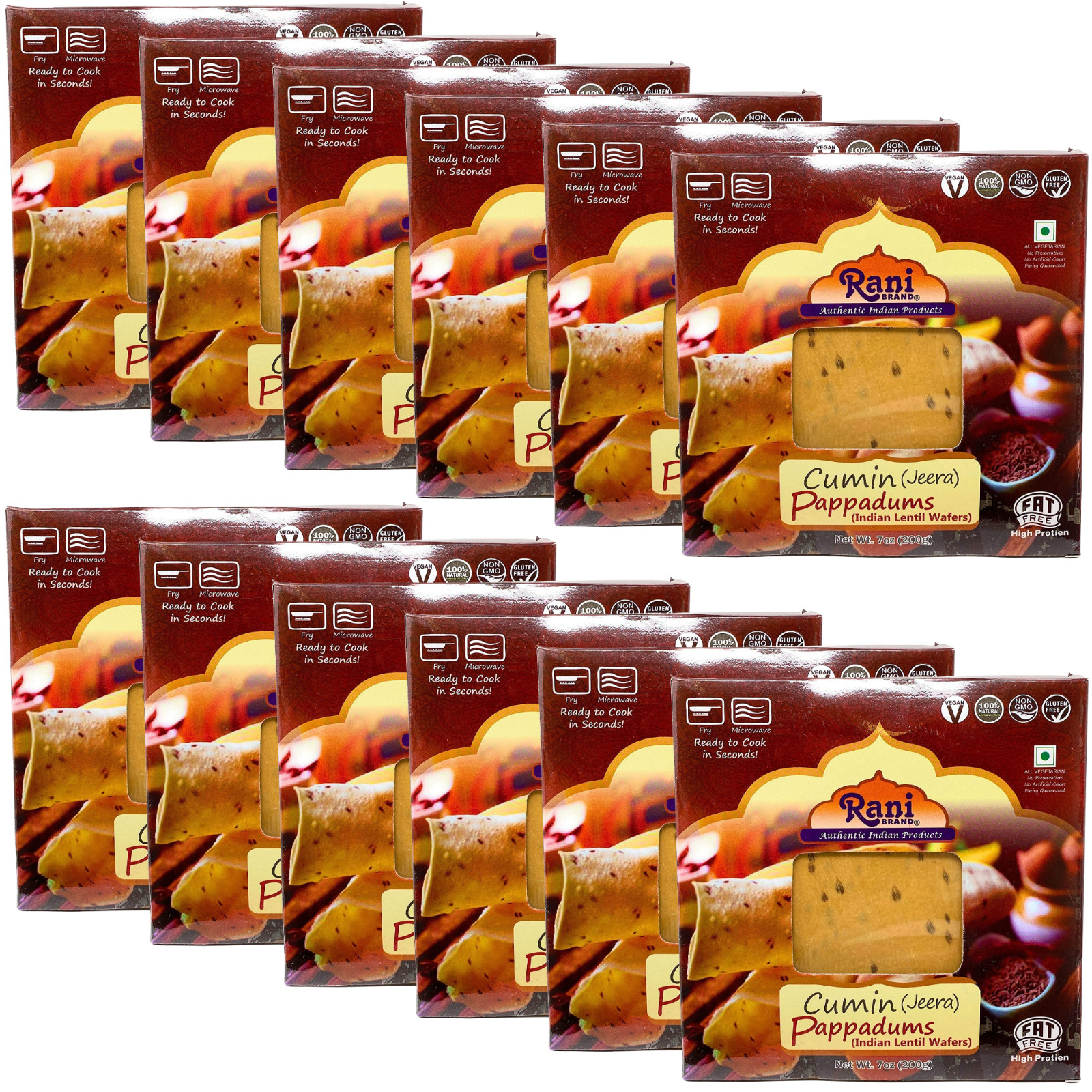 Rani Pappadums (Indian Lentil Wafer Snack) Jeera Papad 7oz (200g) Pack of 12