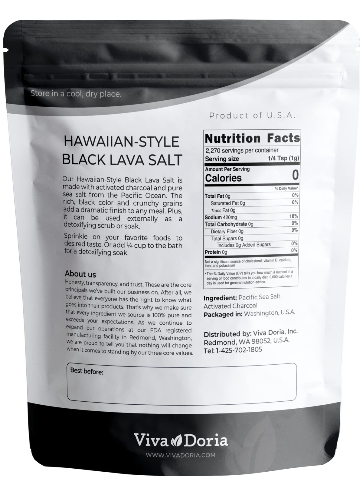 Hawaiian Black Lava Sea Salt, Fine Grain, Lava Salt, 5 lb (2.27 kg)