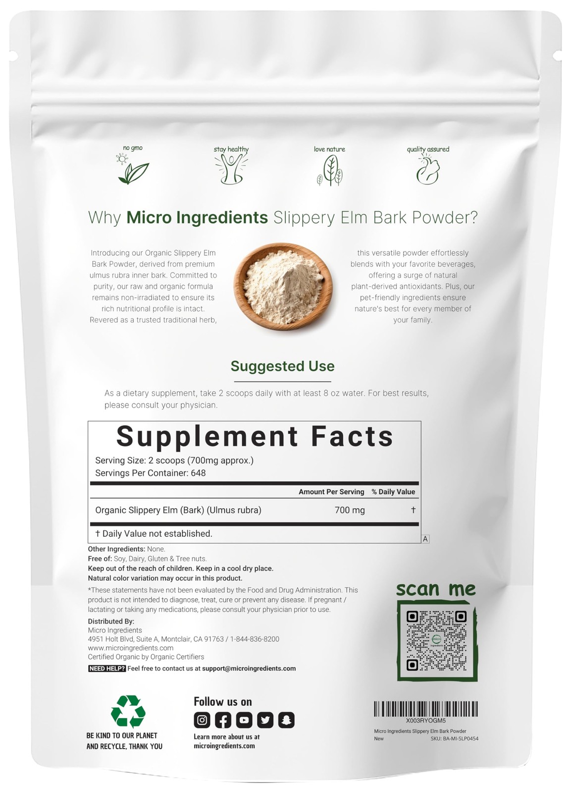 Organic Slippery Elm Bark Powder 1 lb Non-GMO Pet Friendly 648 Servings