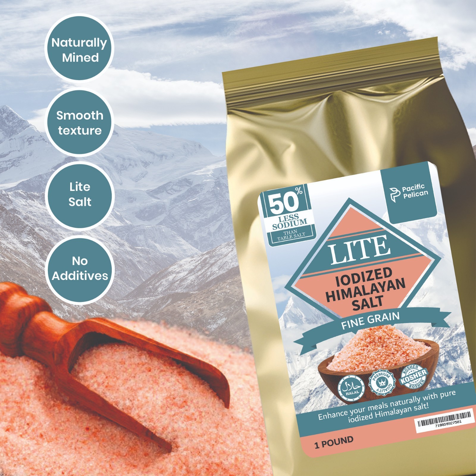 Pacific Pelican 50% Less Sodium Iodized Himalayan Pink Salt, Fine Grain, 1 LB
