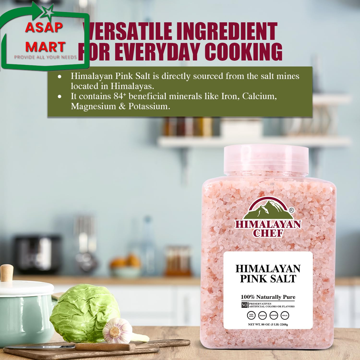 Himalayan Chef Pink Himalayan Salt Coarse Grain, 5 Lbs Plastic Jar – Pure, Natur
