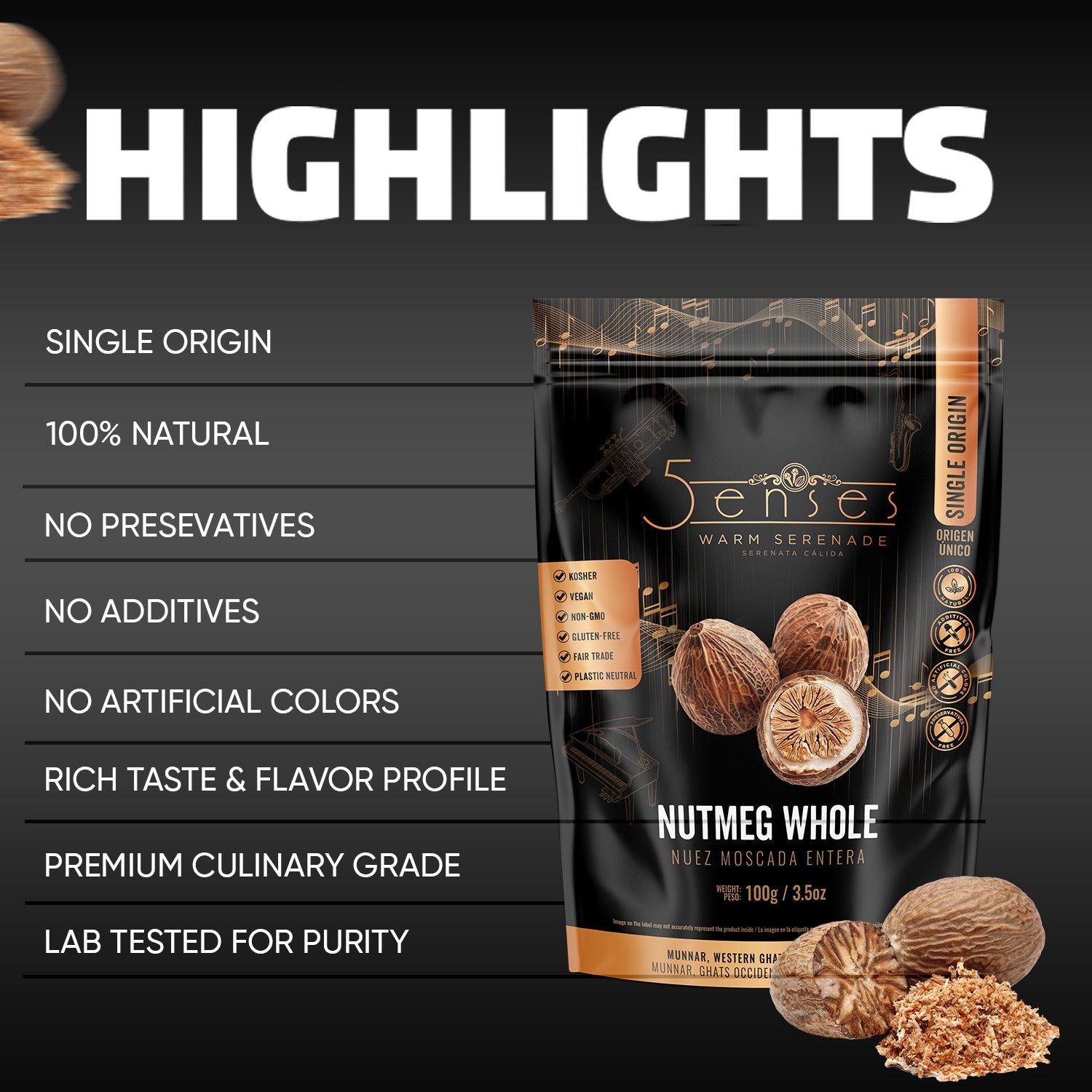 5Senses Nutmeg Whole | Nuez Moscada | Single Origin Non-GMO, Fairtrade