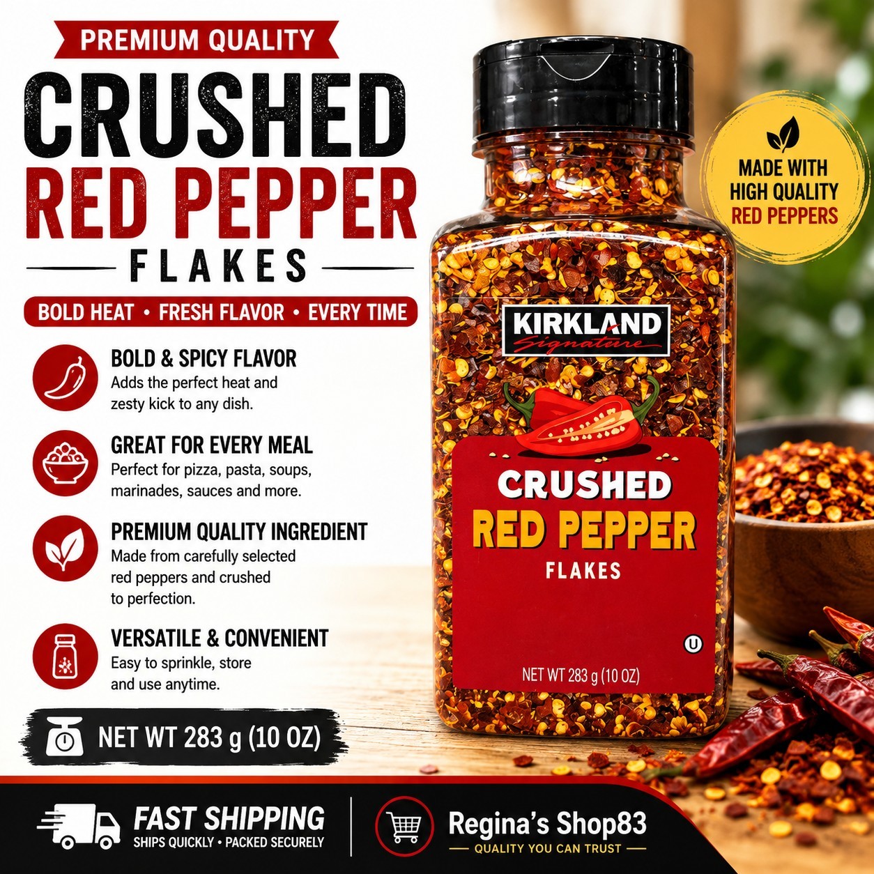Crushed Red Pepper Flakes 10 oz (283g) Spicy Chili Seasoning for Pizza, Pasta