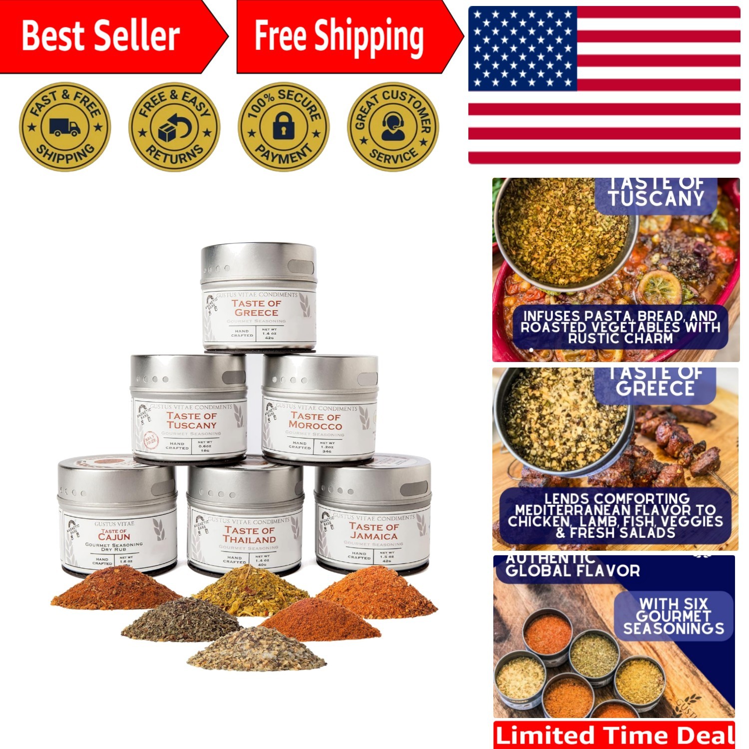 Elevate Your Cooking with Gourmet Spice Collection: 6 Magnetic Non-GMO Tins