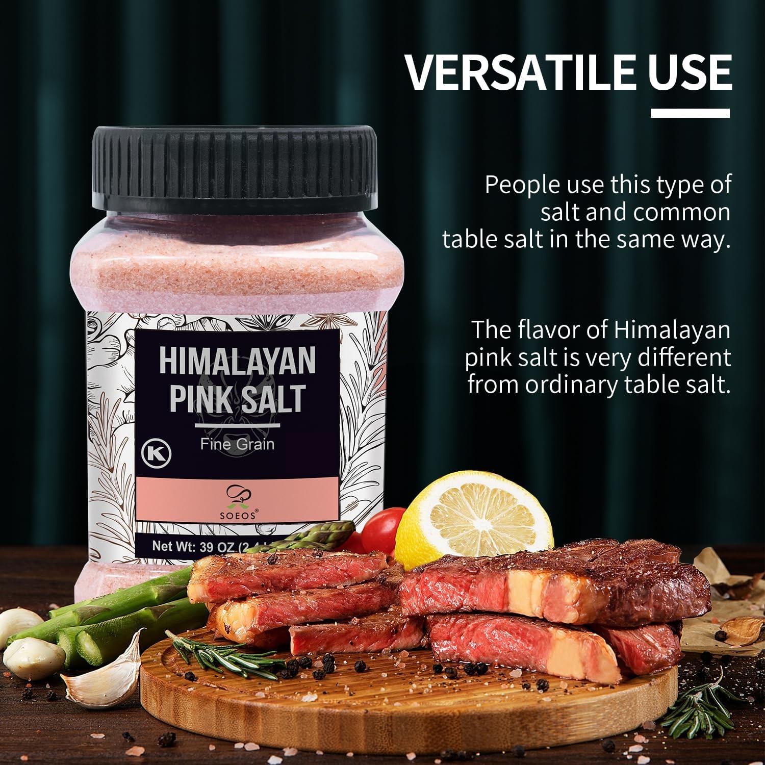 Soeos Himalayan Pink Salt, Fine Grain, 39oz (2.4 39 Ounce (Pack of 1), pink