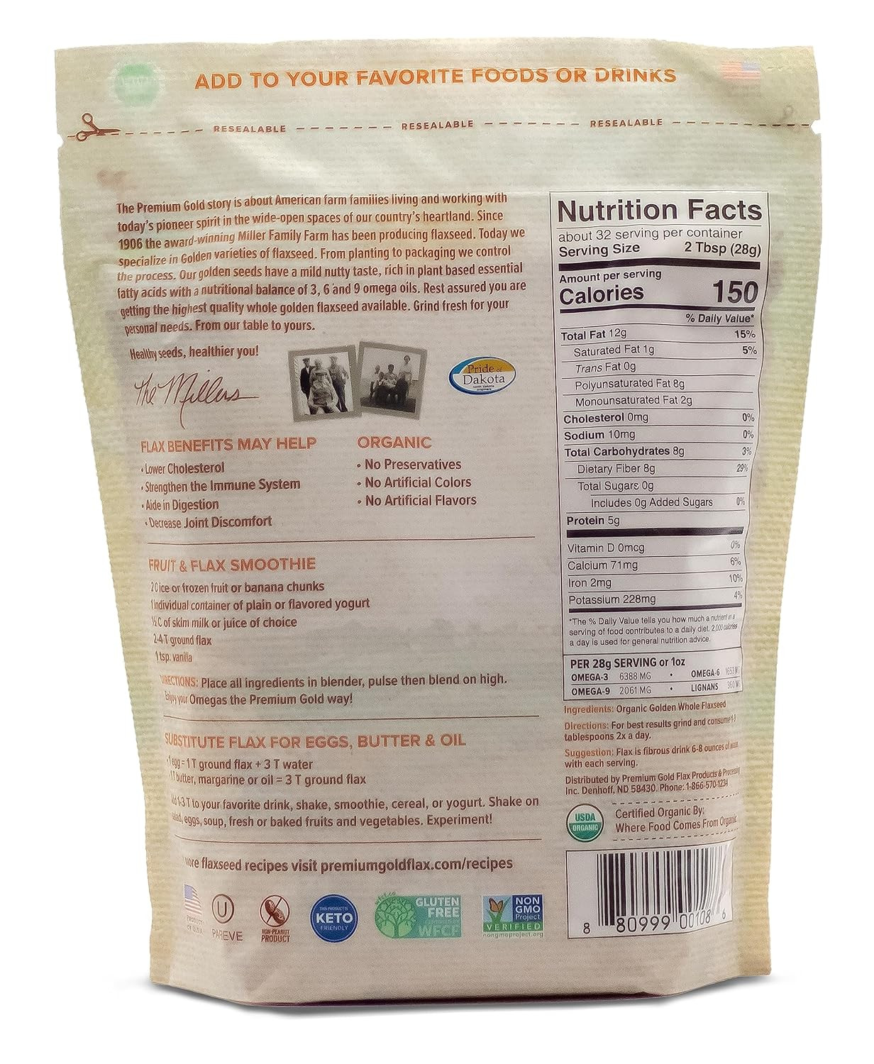 Premium Gold | Organic Whole Flax Seed | 2 Lbs, Gluten-Free, Non-Gmo, Kosher, Ra