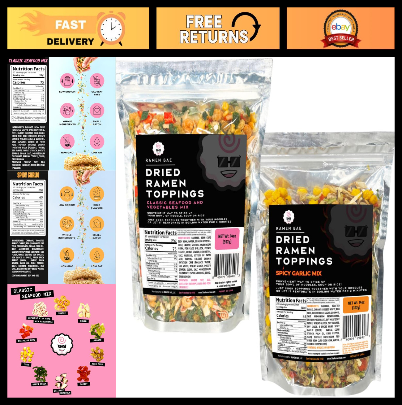 2-Pack Dried Ramen Toppings – Classic Seafood, Vegetables & Spicy Garlic Mix
