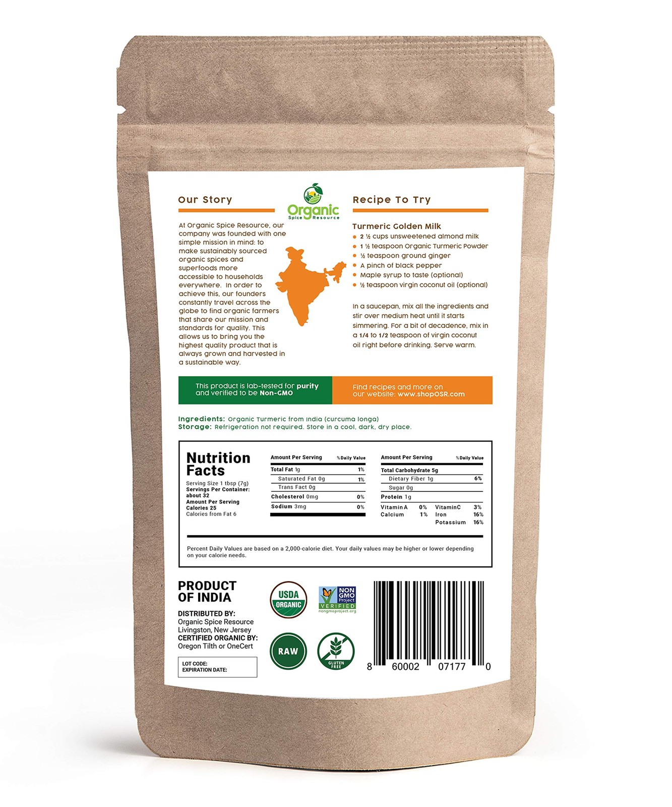 Organic Spice Resource Turmeric Root Powder, 8 oz 226 g