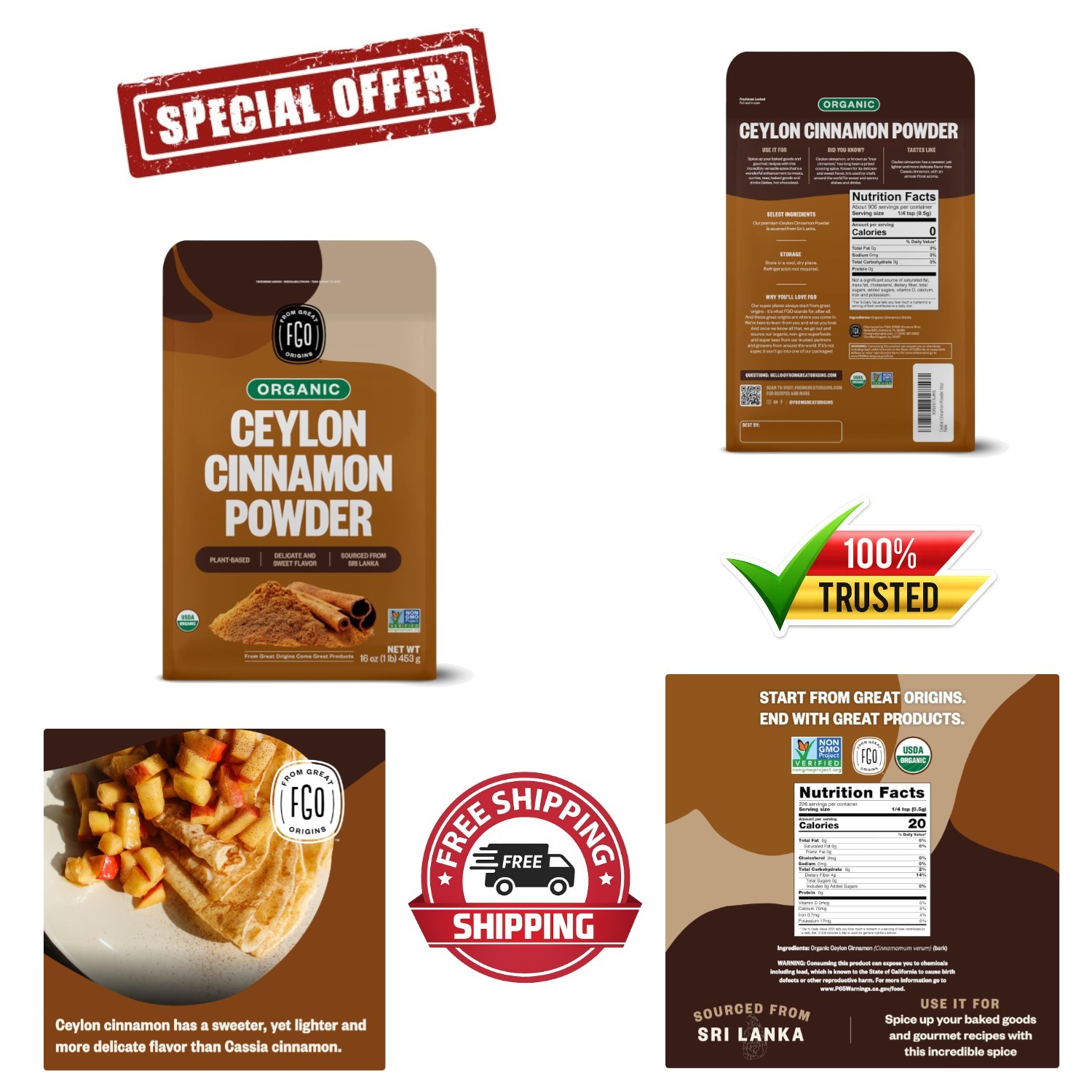 16oz Organic Ceylon Cinnamon Powder – Pure Sri Lankan Spice for Baking & Cooking