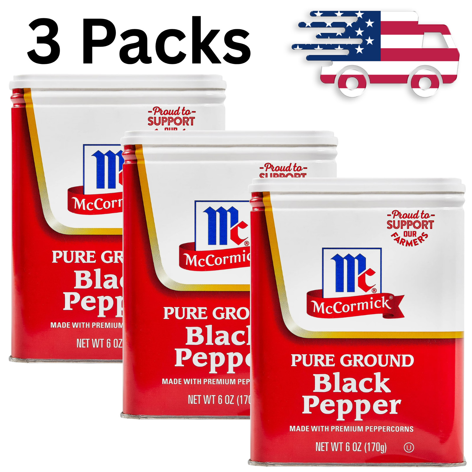 3 Packs – McCormick Pure Ground Black Pepper, 6.0 oz Can