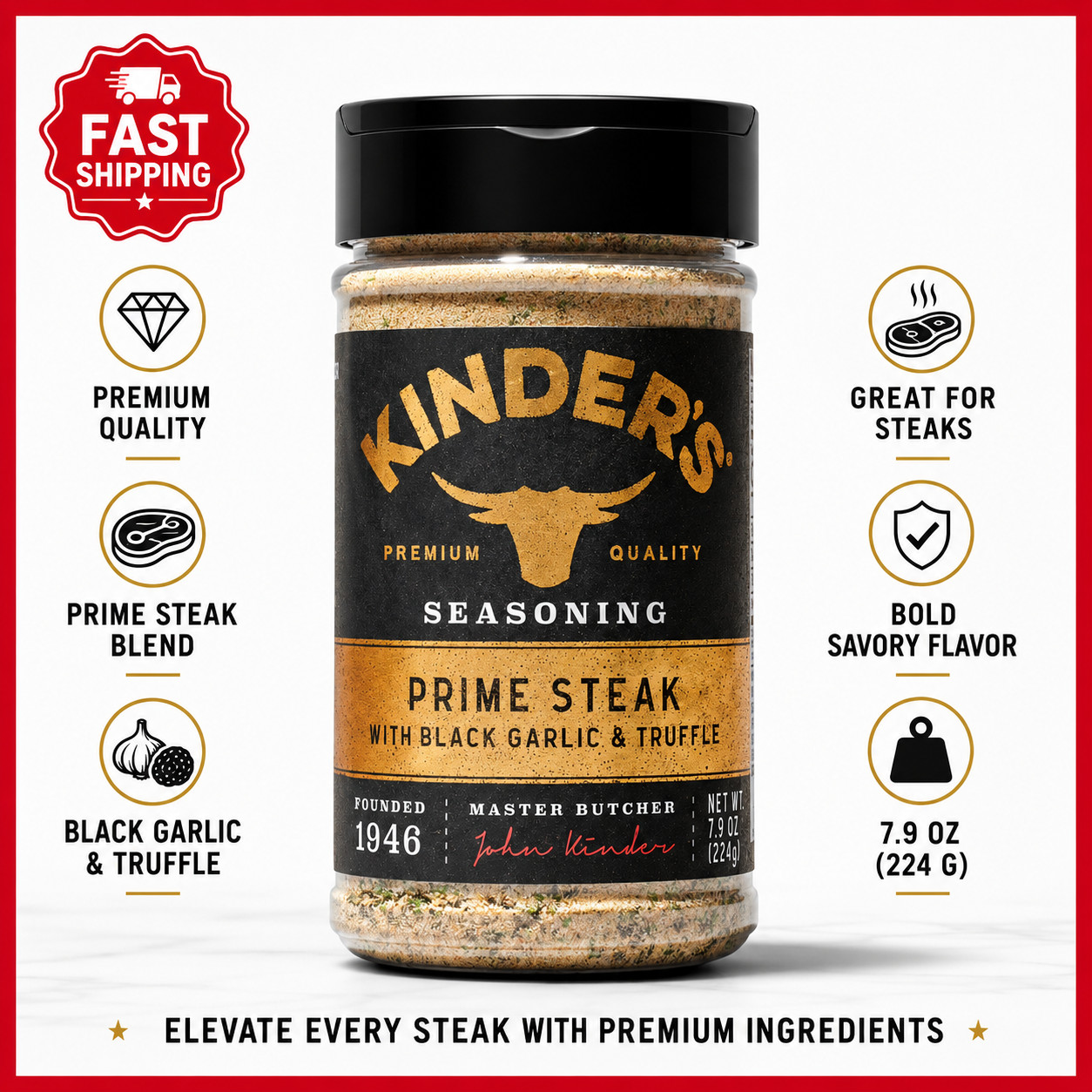 Kinder’s Prime Steak With Black Garlic & Truffle Premium Seasoning No MSG 7.9 Oz