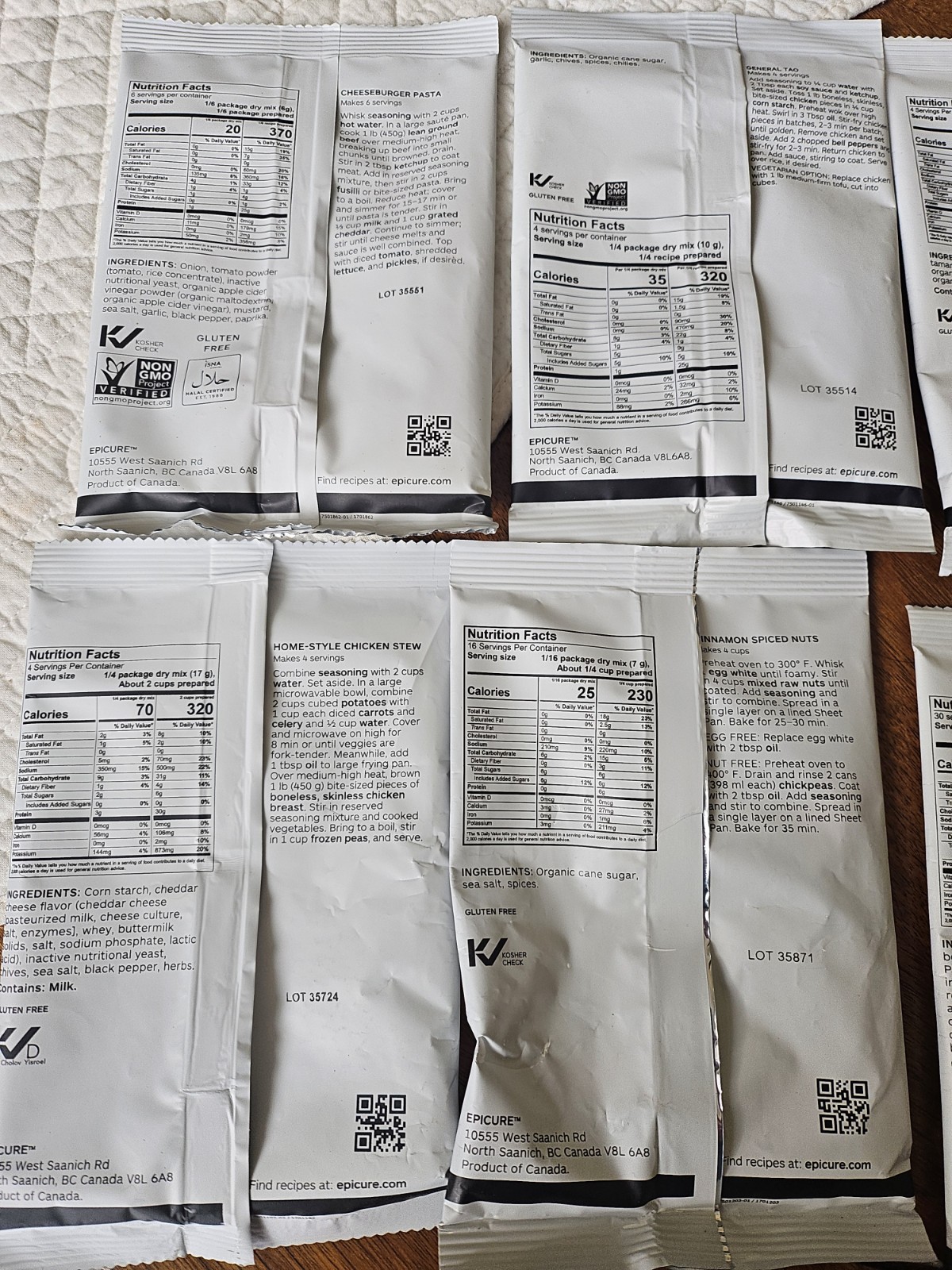 Epicure Lot Of 6 Meal Solutions & Spiced Nuts Gluten Free Non GMO Chicken Corn