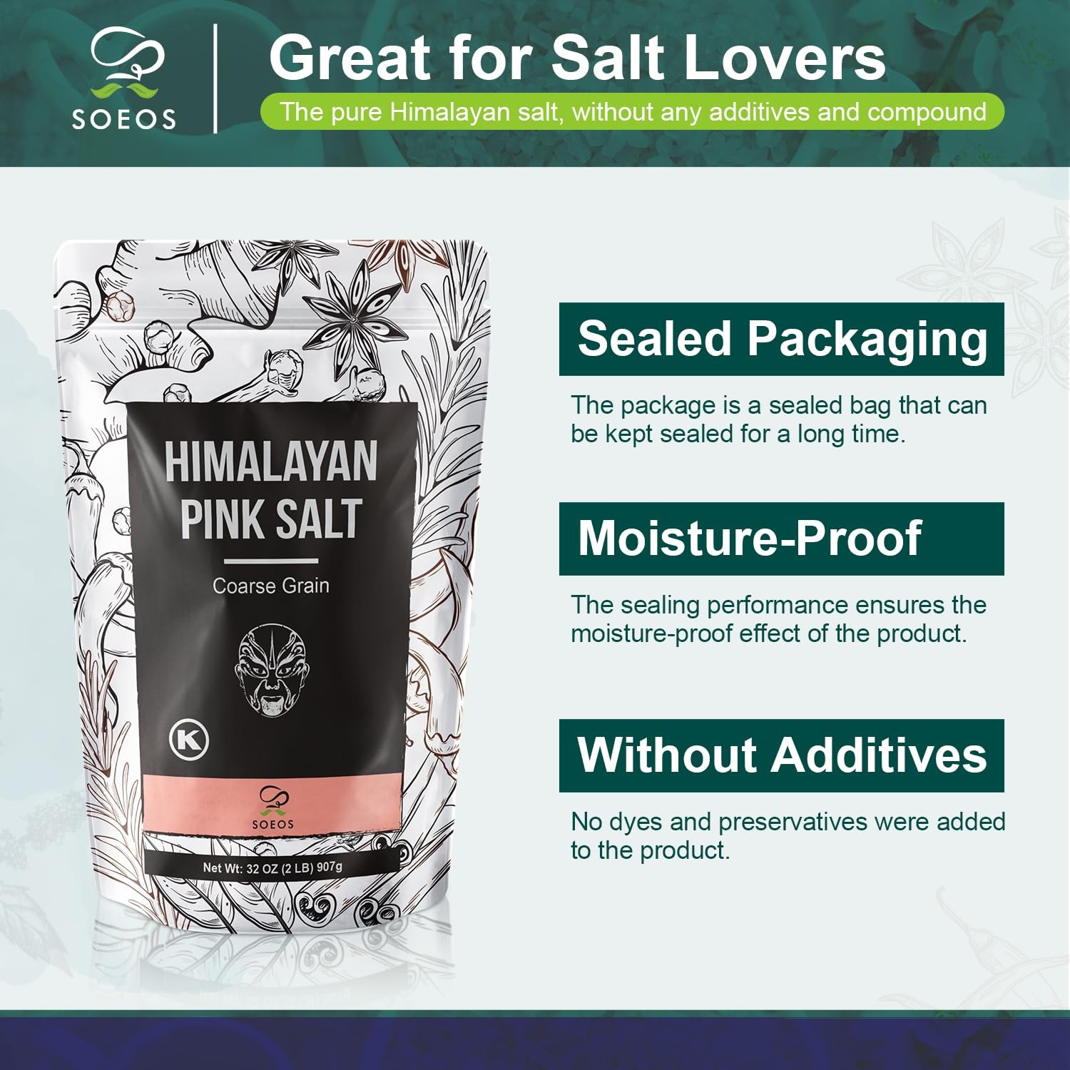 Soeos Himalayan Pink Salt Coarse 2lb 32oz Natural Kosher Sea Salt