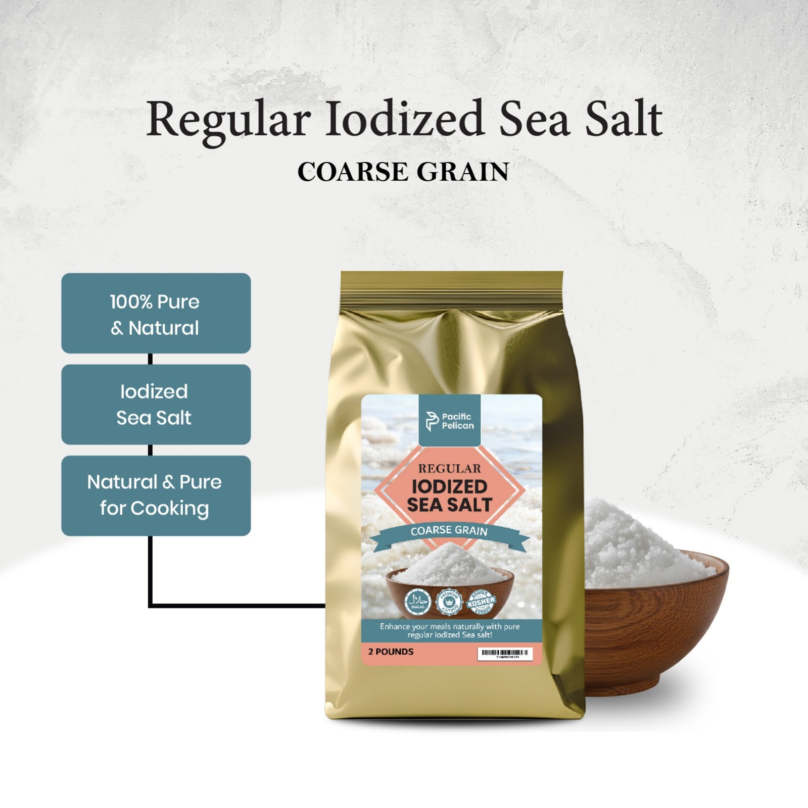Pacific Pelican Iodized Sea Salt – 2 Pounds, Coarse Grain -Natural