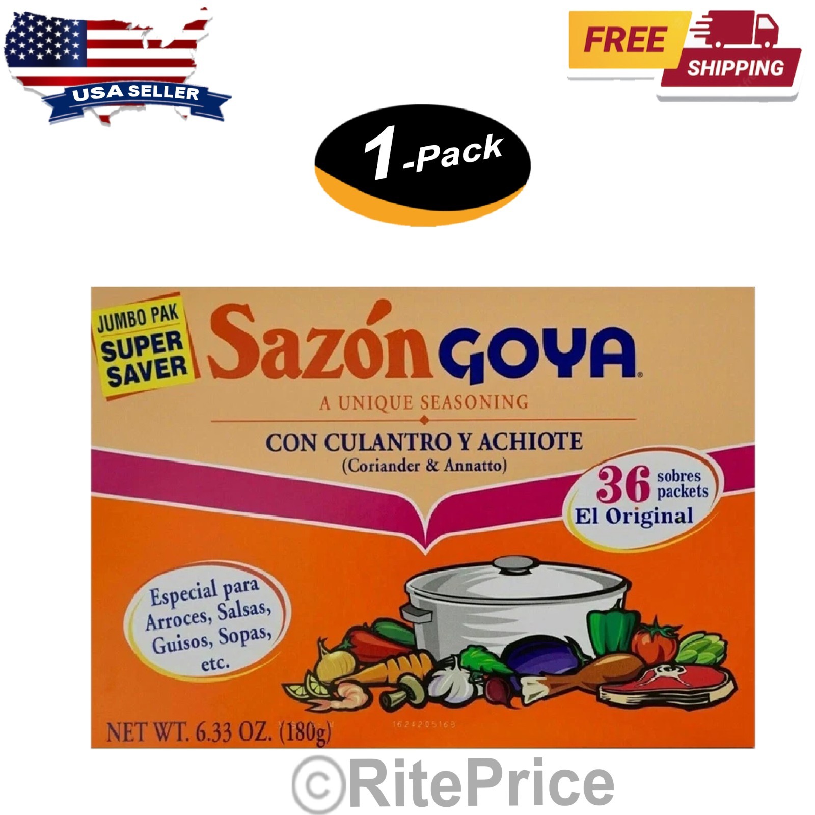 Goya Sazon con Culantro y Achiote (1 Pack) 36 sobres/Packets 6.33 oz. -New