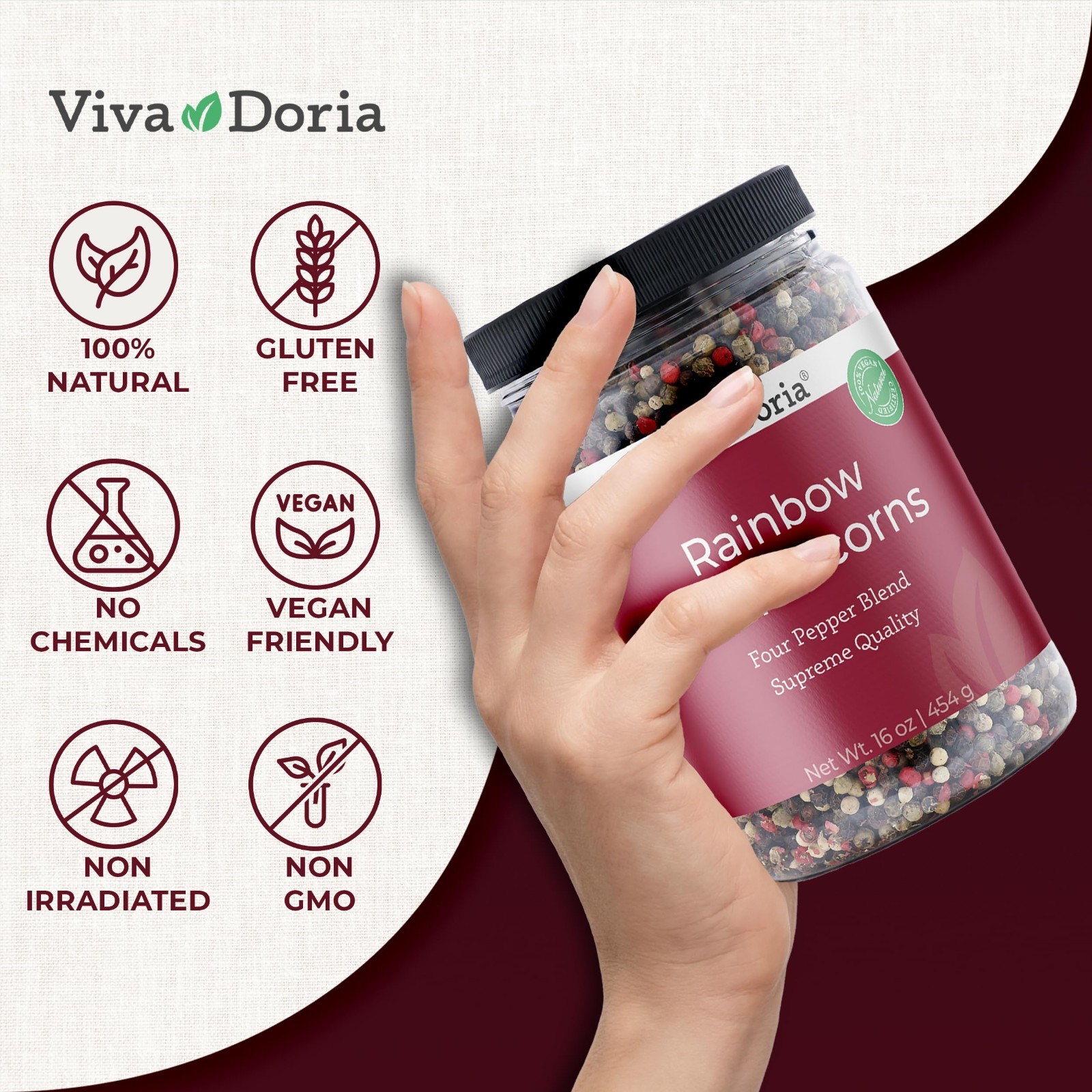 Rainbow Blend Peppercorns – Whole Black, Green, Pink & White – 16 Oz Grinder Ref