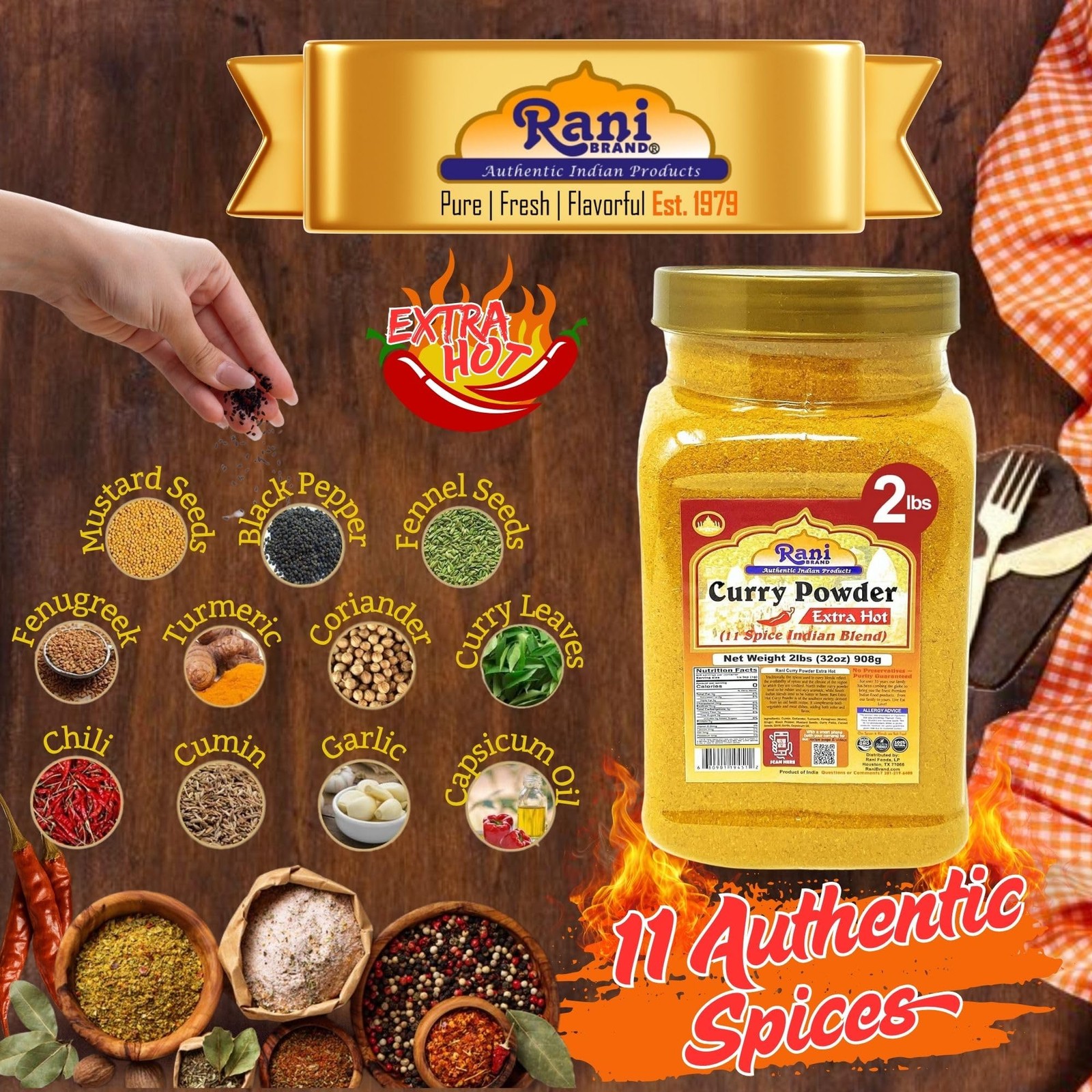 Rani Curry Powder EXTRA HOT Natural 11-Spice Blend 32oz (2lbs) 908g PET Jar