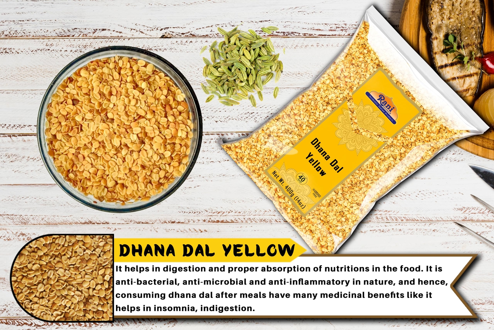 Rani Dhana Dal (Roasted Coriander Seeds) Yellow 14oz (400g)