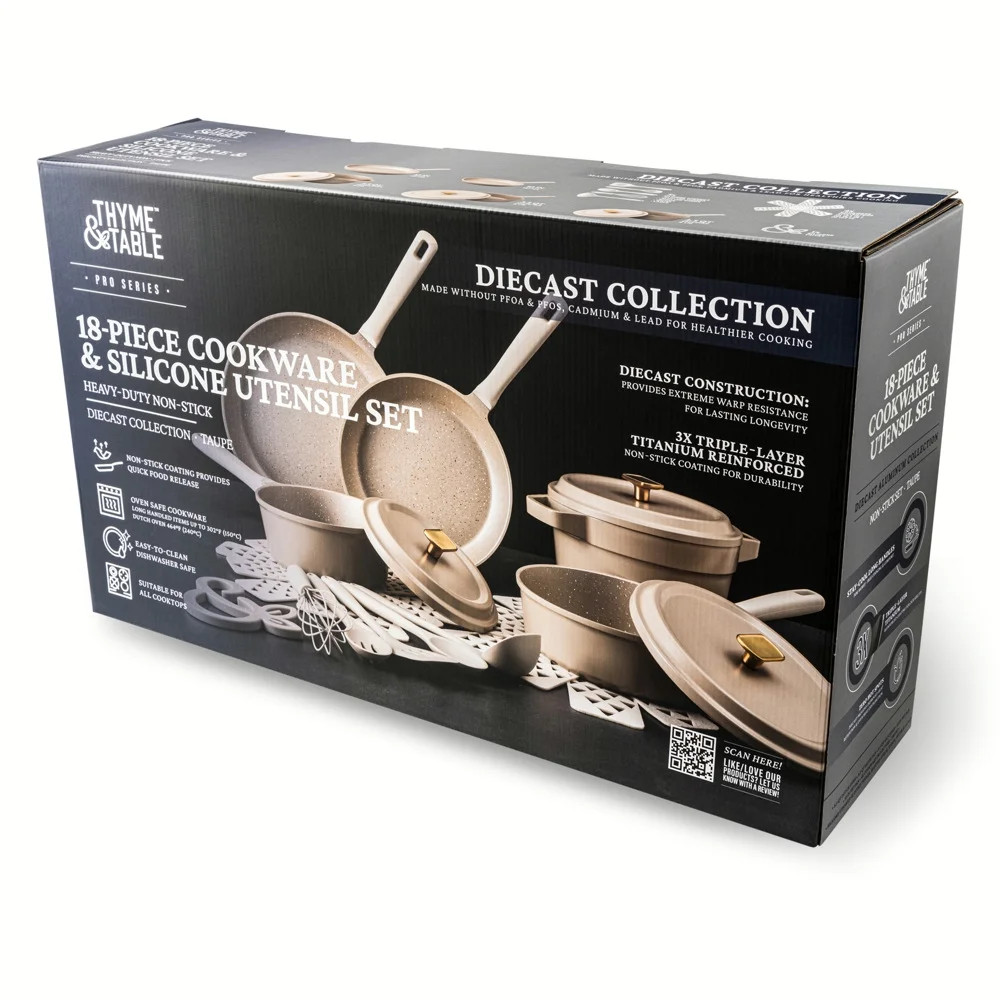 Thyme & Table 18-Piece Non-Stick Diecast Cookware & Silicone Utensil Set, Pots a