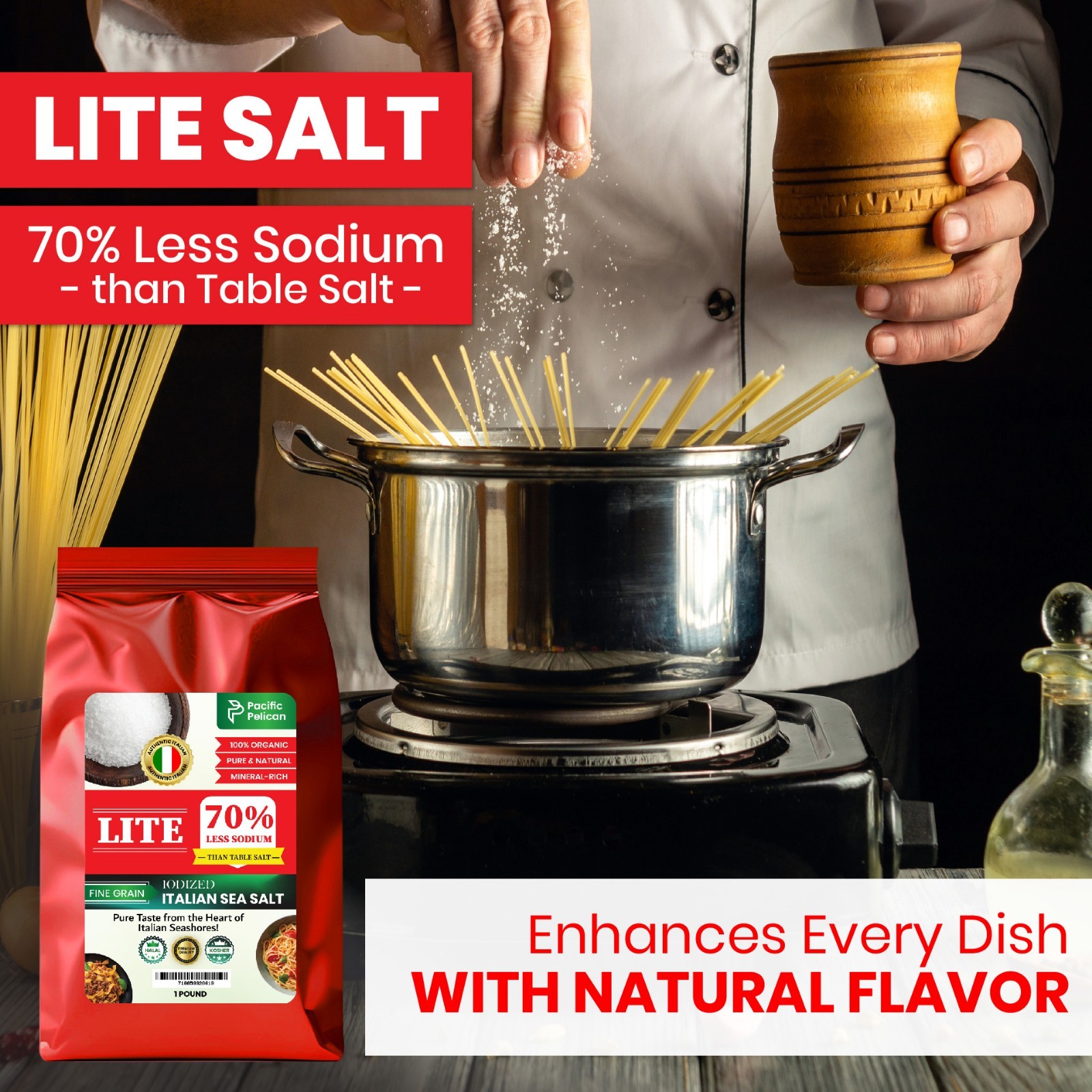 Pacific Pelican Iodized Lite Italian Sea Salt, 70% Less Sodium, Fine Grain, 1LB