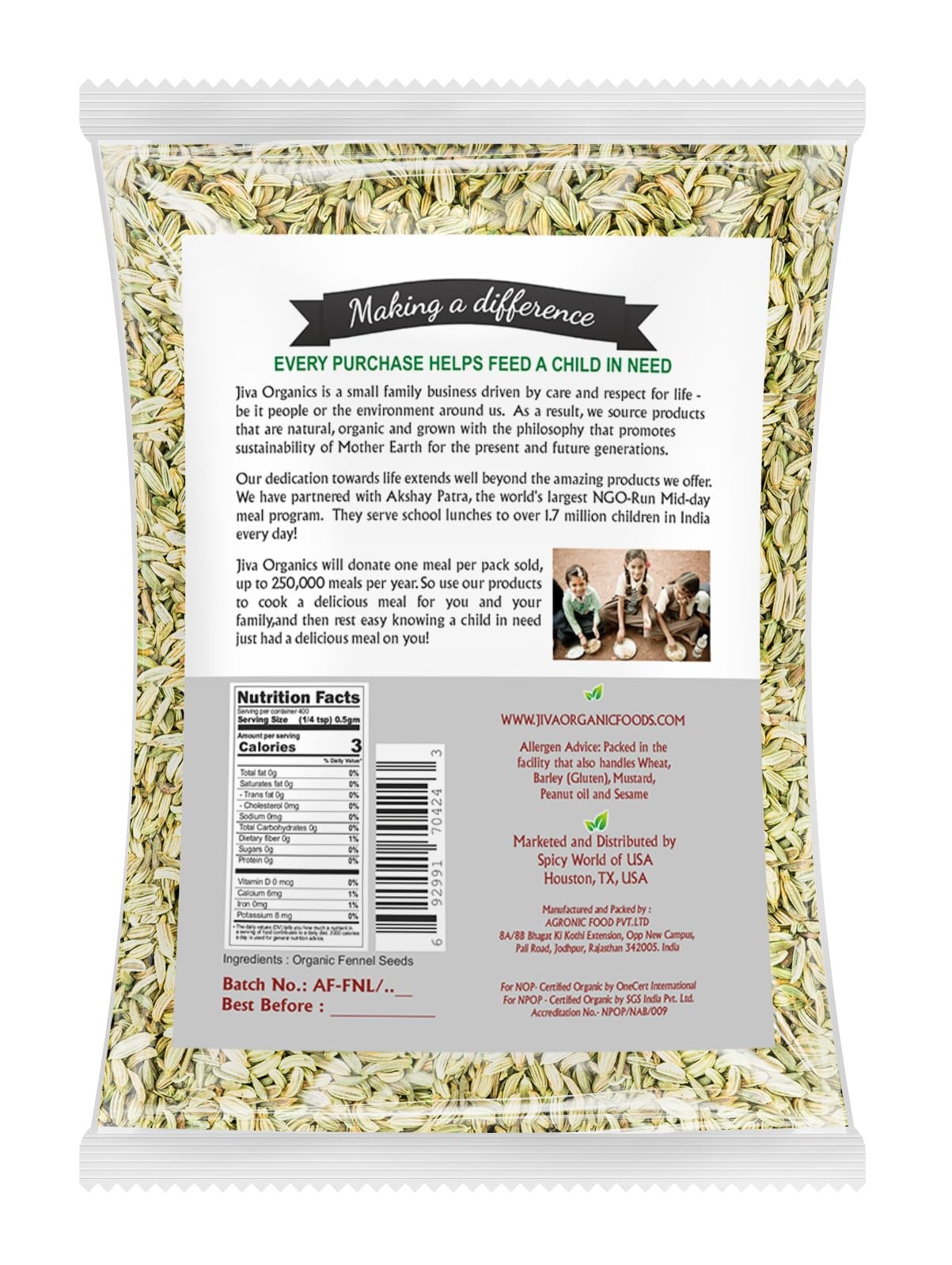Jiva Organic Fennel Seeds 7 Oz Bag – Non-GMO, Certified, Vegan – Resealable B…