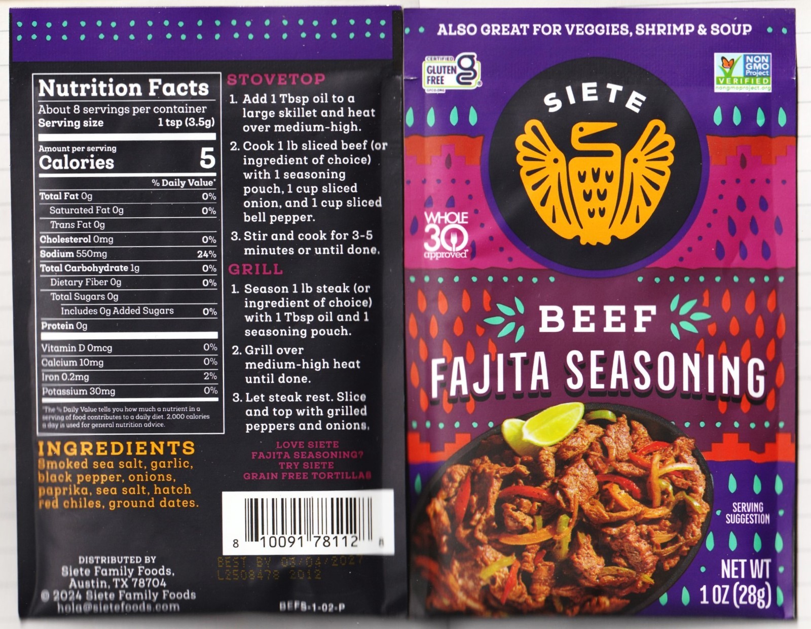 Siete Beef Fajita Seasoning | Pack of 2 | 1 oz 3/27 Exp
