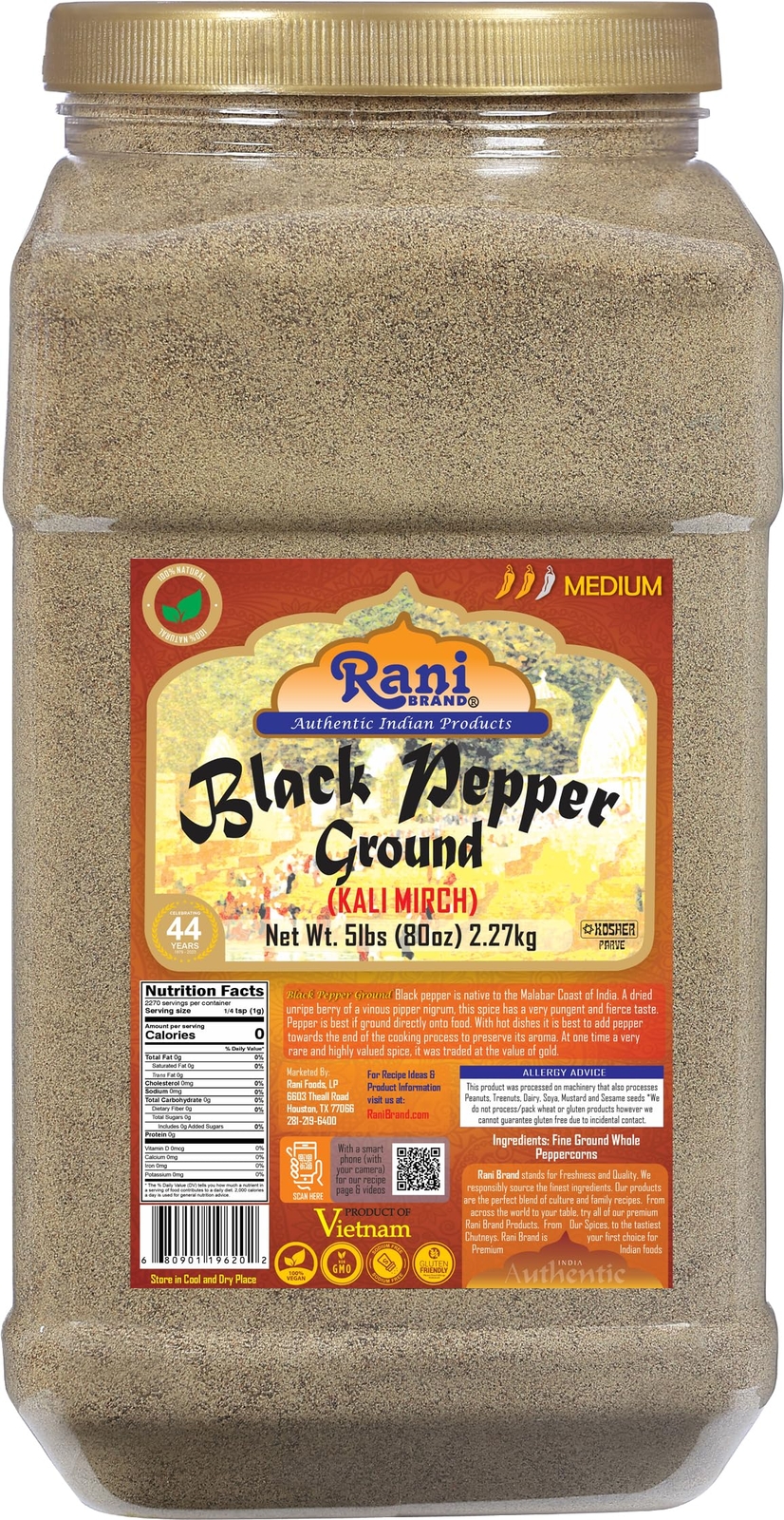 Rani Black Pepper Fine Powder 80 Mesh 80oz (5lbs) 2.27kg Bulk PET Jar
