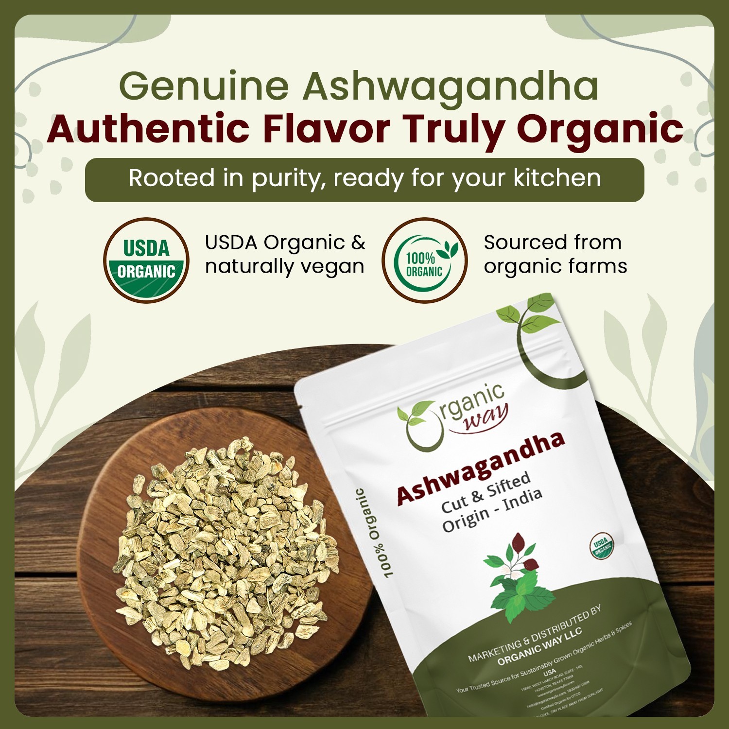 Organic Way Ashwagandha Root Cut & Sifted – Organic, Kosher & USDA Certified
