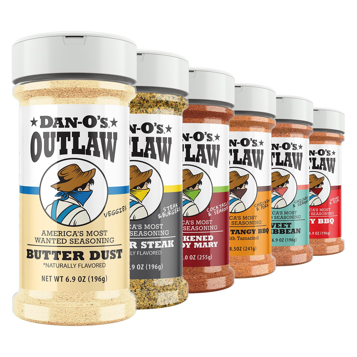 Outlaw Seasoning 6 Bottle Set- Butter Dust, Butter Steak, Spicy BBQ, Sweet Carib