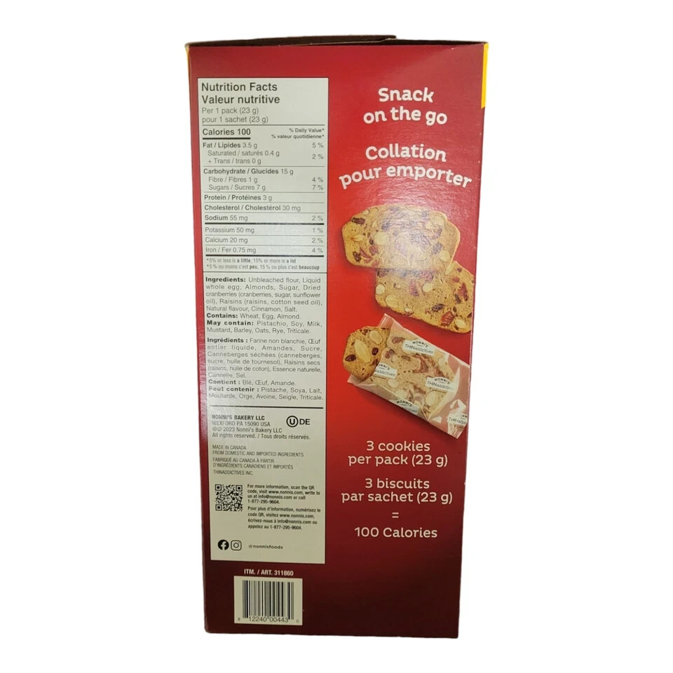 BIG BOX 30packs Nonni’s Thin Addictives, Almond Thins Cranberry NEW