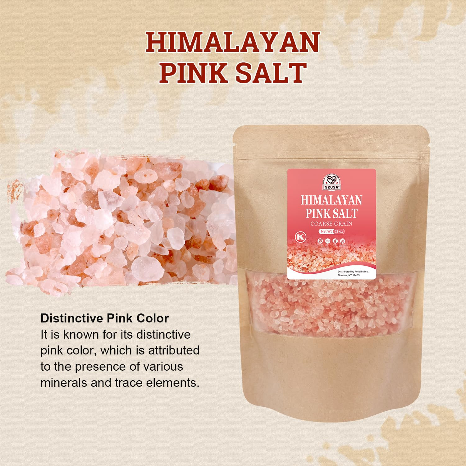 52USA Himalayan Pink Salt Coarse, Pink Himalayan Sea Salt, Coarse Grain 2 Lb, Hi