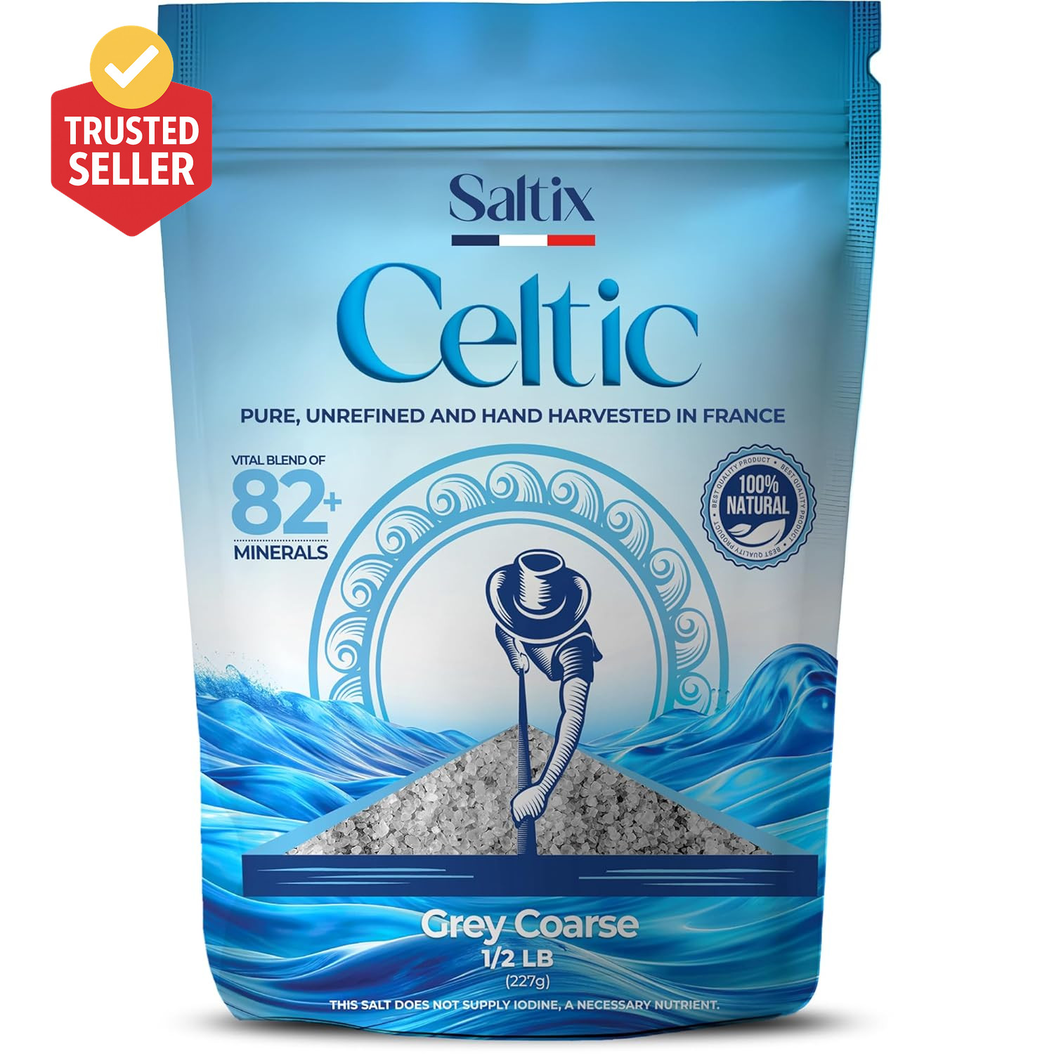 Grey Coarse Sea Salt 1/2 Lbs (8Oz) from the Celtic Region of France, 100% Natura