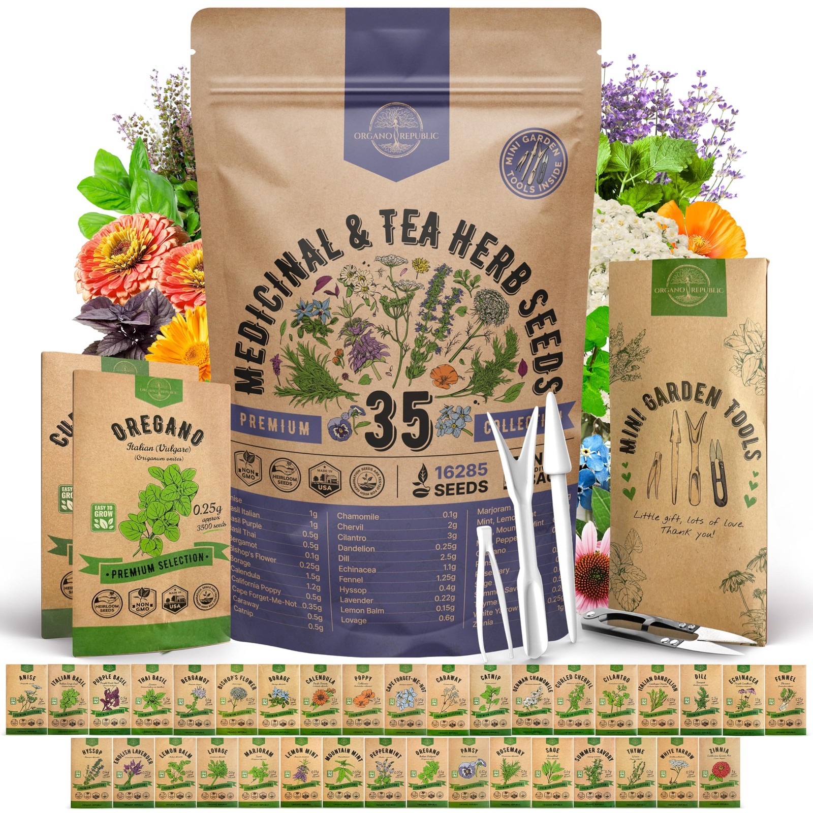 35 Medicinal & 35 & Tea Herb Seeds, White, Yellow, Purple, Green