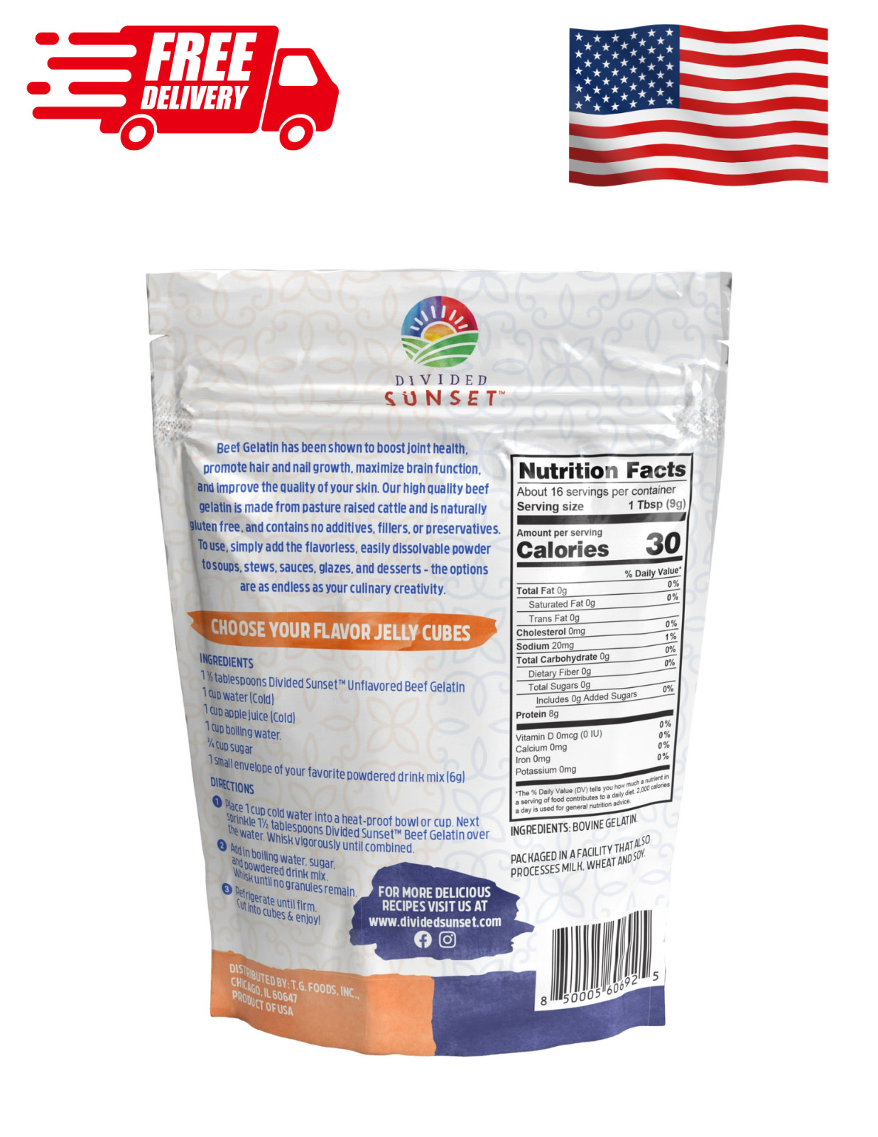 Divided Sunset Unflavored Beef Gelatin Powder 5 oz Paleo Keto rBGH Free