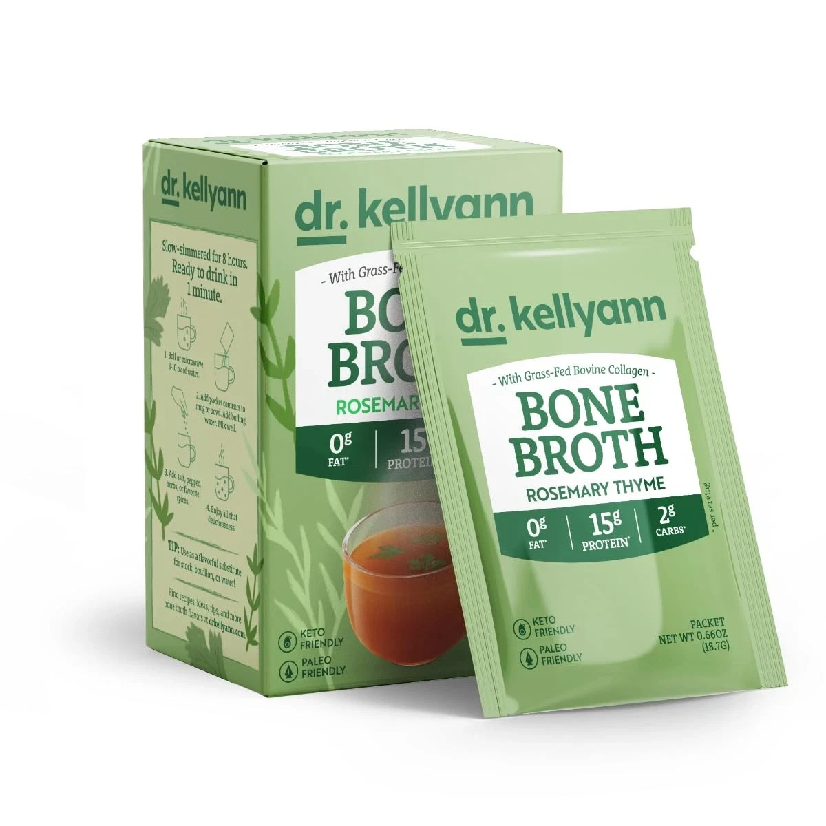 Dr. Kellyann Rosemary Thyme Bone Broth Packets 7 Servings – 16g Protein Grass…