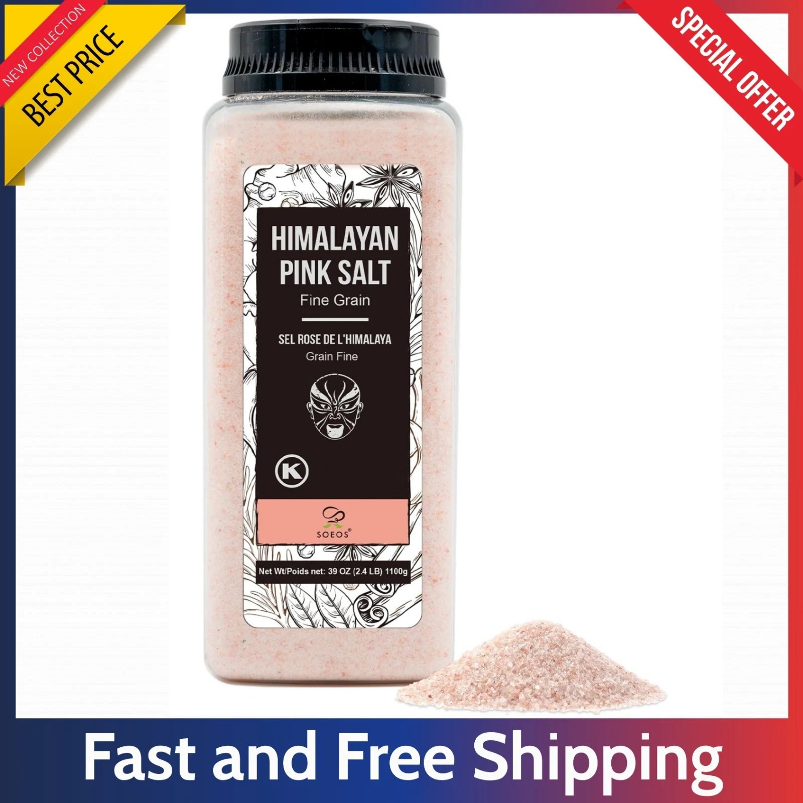 Soeos Himalayan Pink Salt 39oz – Fine Grain Kosher Non GMO Sea Salt Bulk Cooking