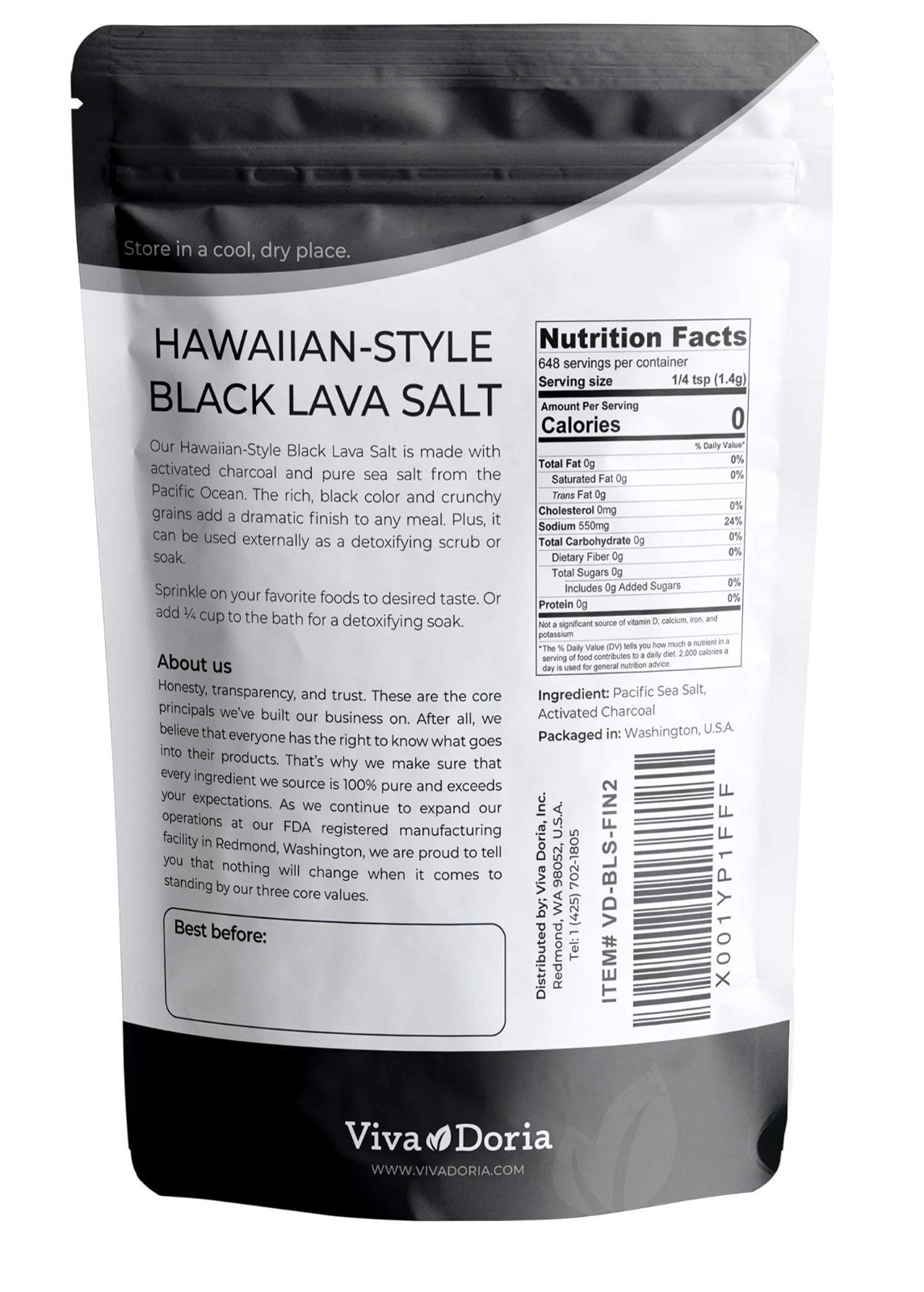 Hawaiian Black Lava Sea Salt, Fine Grain, Gourmet Lava Salt, 2 lb (907 g)