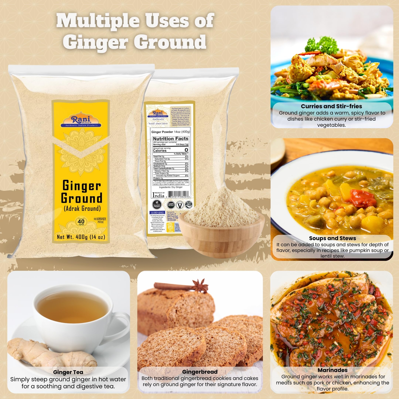 Rani Ginger (Adarak) Powder Ground, Spice 14oz (400g)