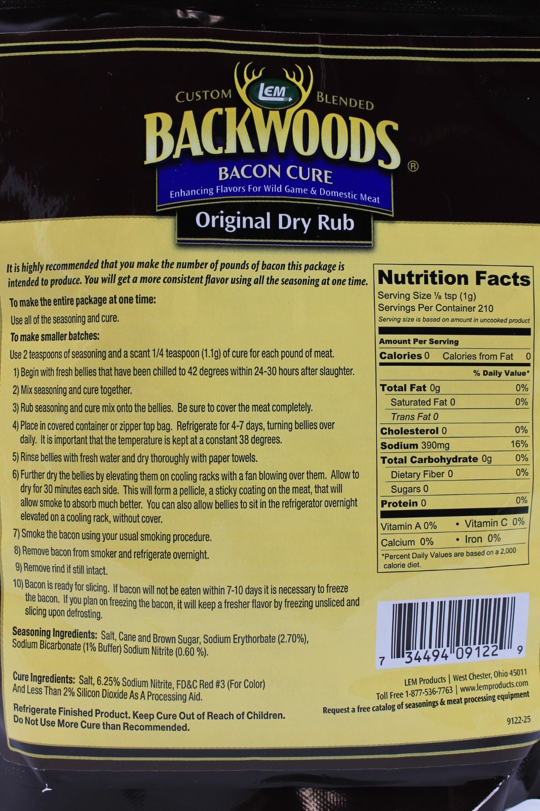 Bacon Cure Dry Rub LEM Backwoods Original seasons 25 lbs Bacon-Pork Butt-Deer