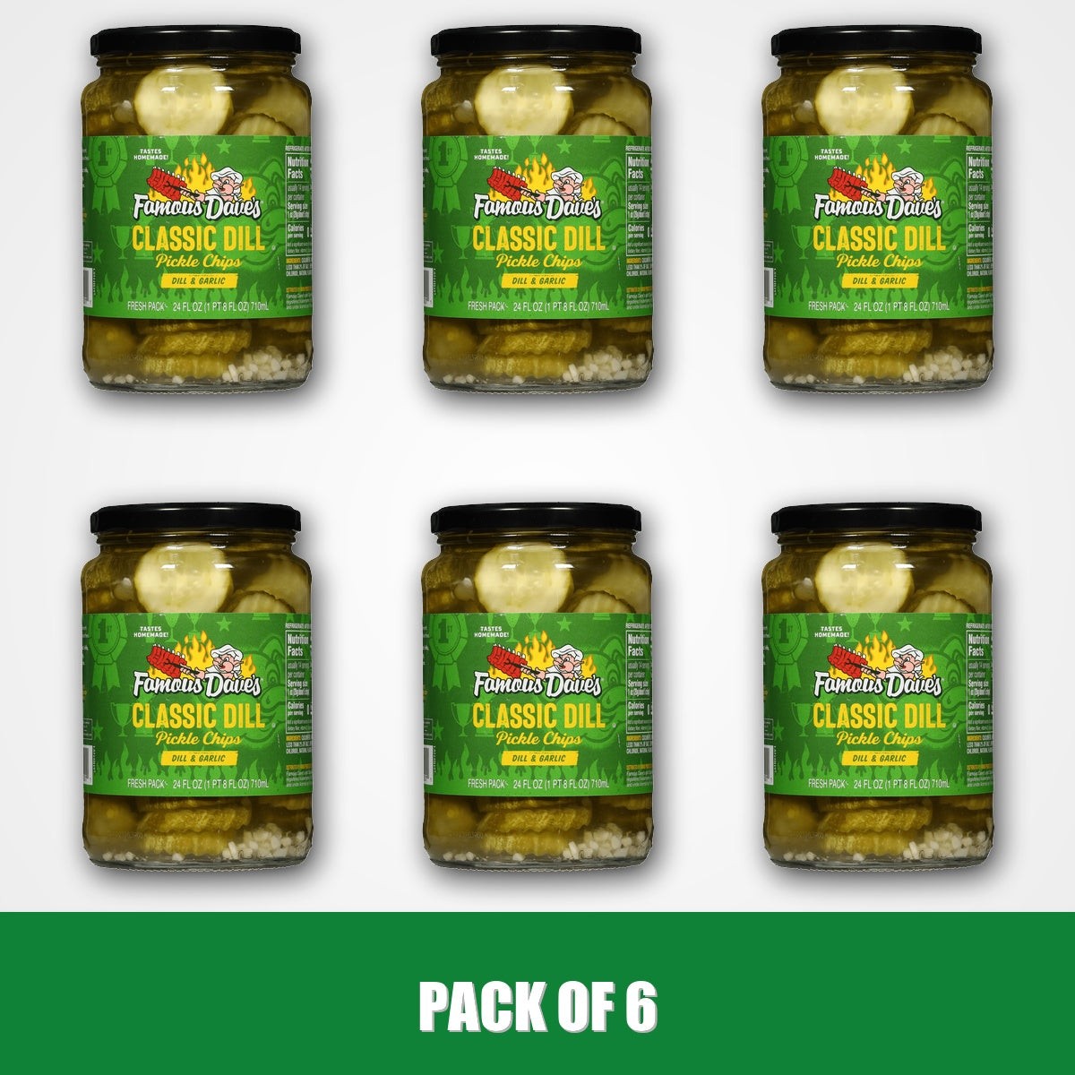 Pack of 6 – Famous Dave’s Classic Dill & Garlic Pickle Chips, 24 fl oz Glass Jar