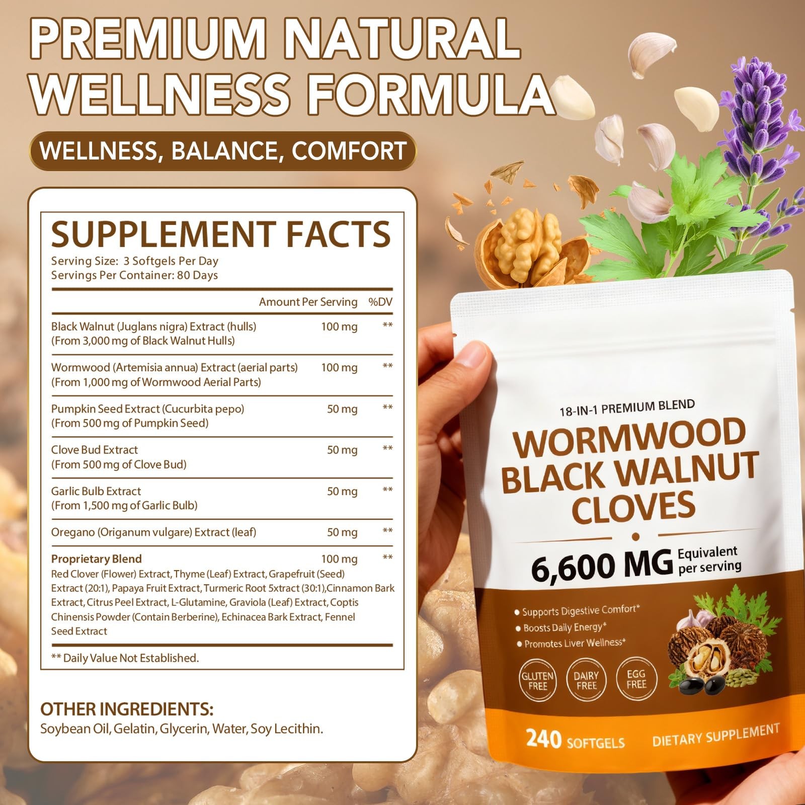 18-in-1 Wormwood Black Walnut Clove Herbal Softgels, 240 Count (Pack of 1)
