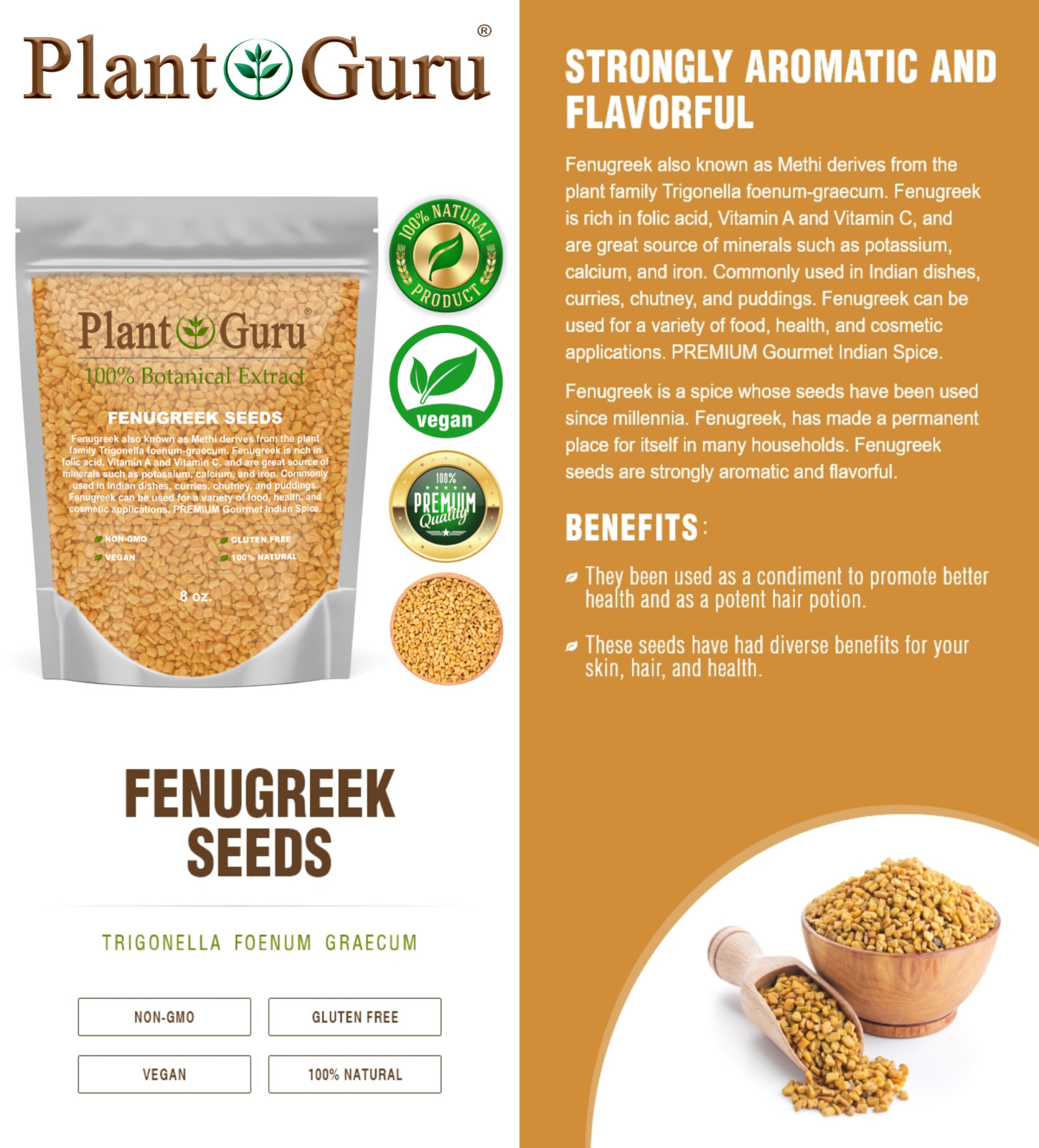 Fenugreek Seeds 8 oz. Non-GMO Trigonella Foenum Graecum Whole Methi Seed