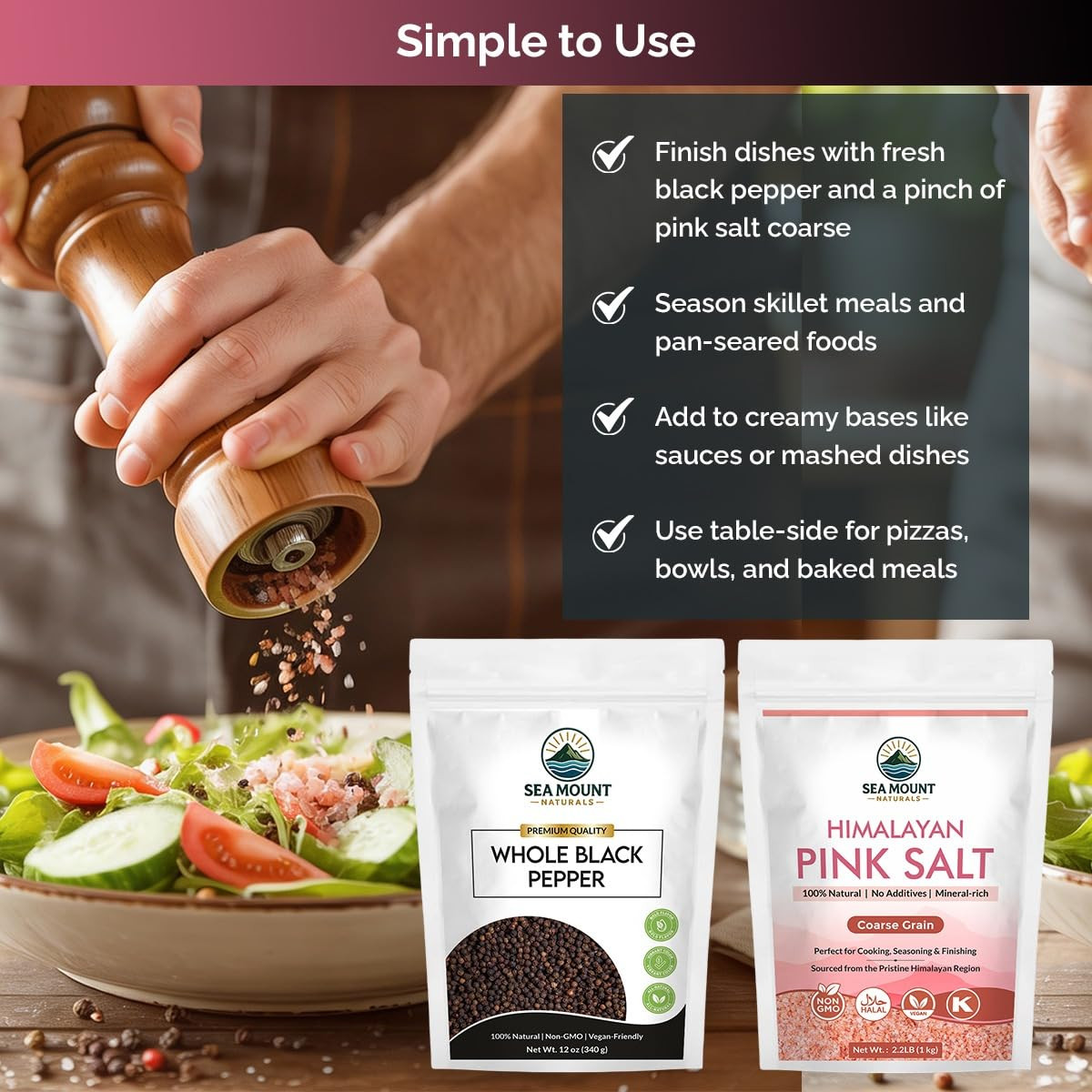 Whole Black Tellicherry Peppercorns 12 Oz & Himalayan Pink Salt (Coarse Grain) 2