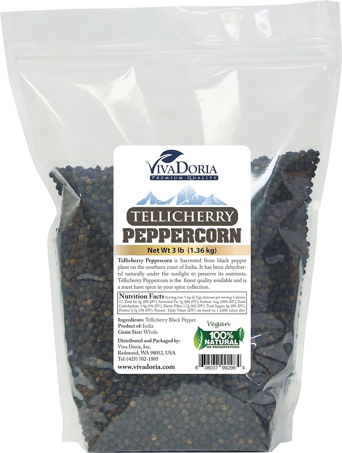 Tellicherry Black Peppercorn, Steam Sterilized Whole Black Pepper, 3 Pound, F…