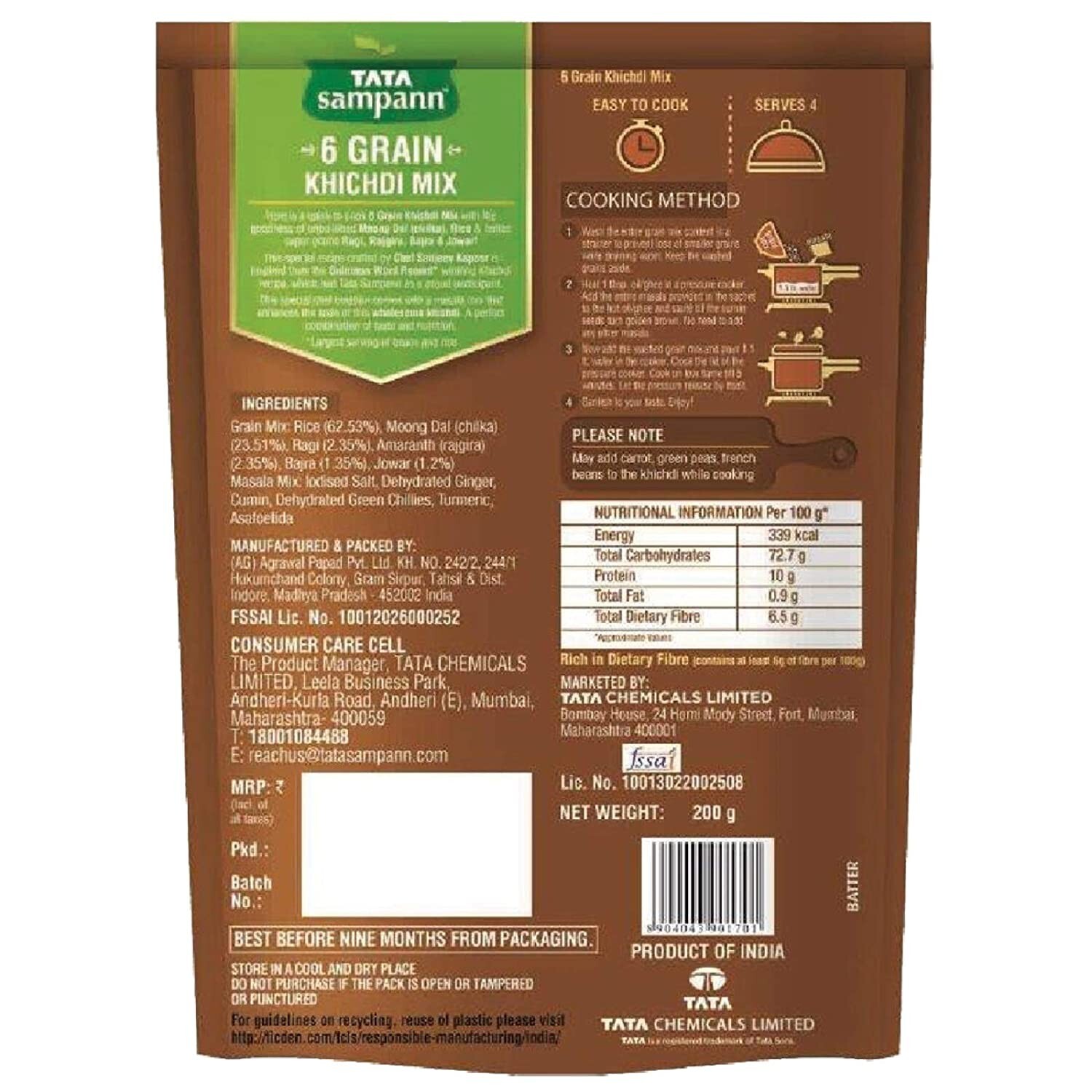 Tata Sampann 6 Grain Khichdi Mix, Instant Ready to Cook Mix, 200g