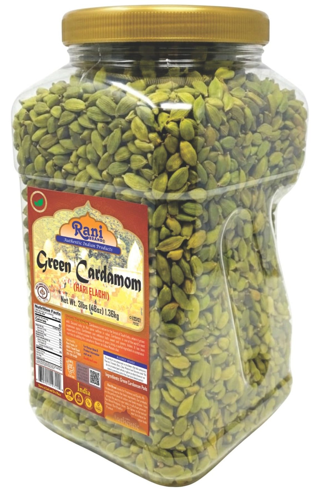 Rani Green Cardamom Pods Spice (Hari Elachi) 48oz (3lbs) 1.36kg PET Jar