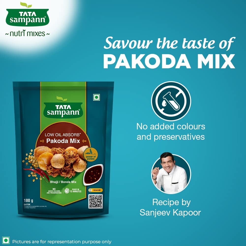 Tata Sampann Low Oil Absorb Pakoda Mix, Instant Ready to Cook Mix, 180g