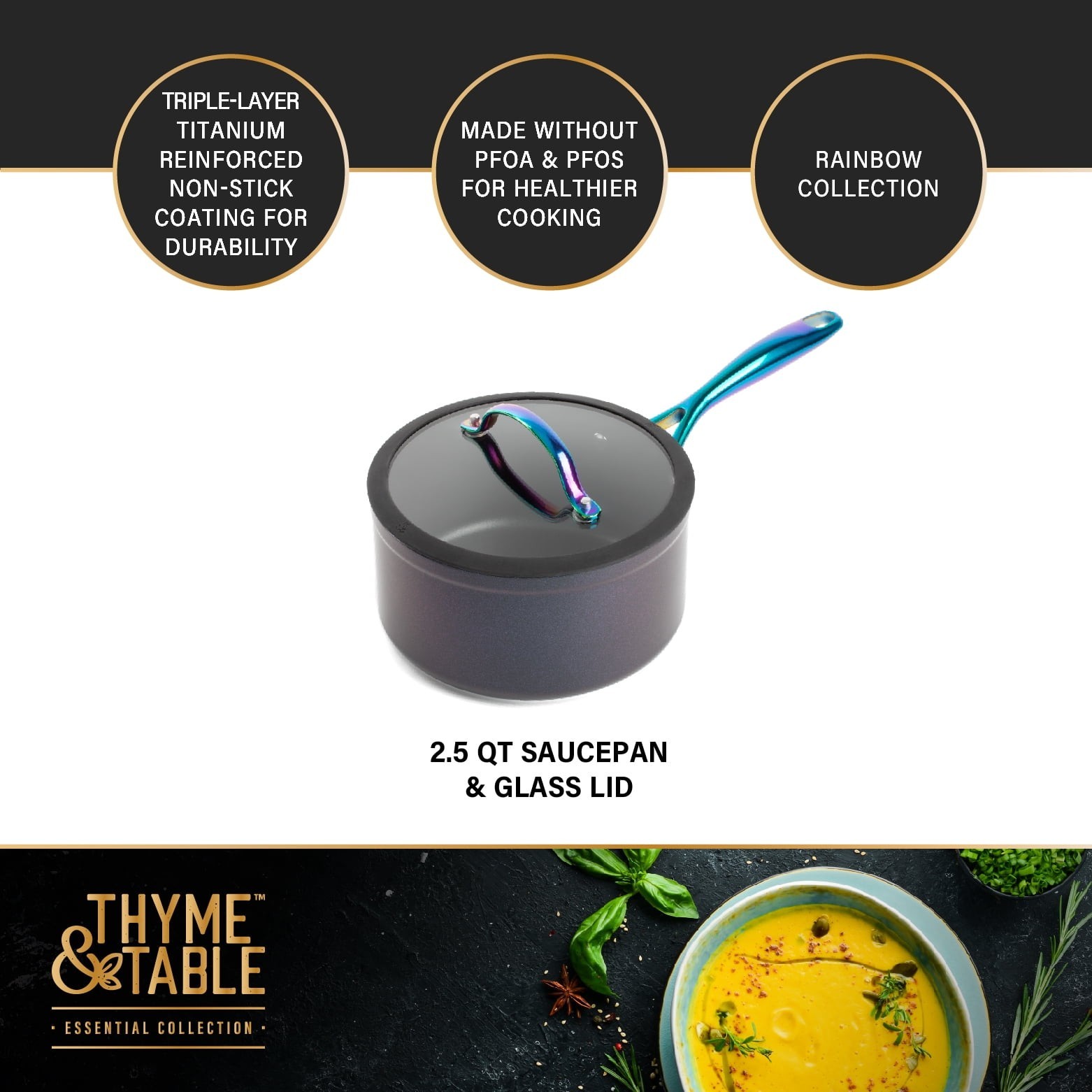 2.5 QT Non-Stick Sauce Pan W/ Glass Lid Rainbow Signature Collection