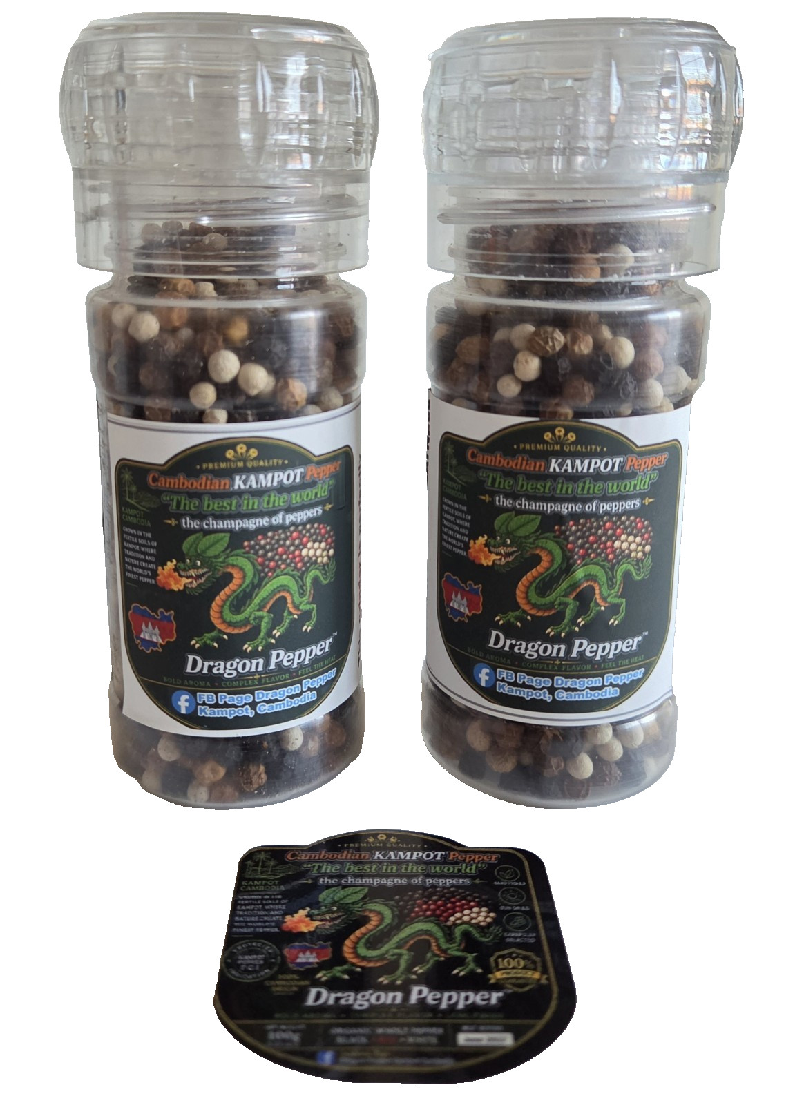 Set of Two FULL PLASTIC Dragon Peppercorn Grinders Kampot Cambodia 2.5oz / 70g.