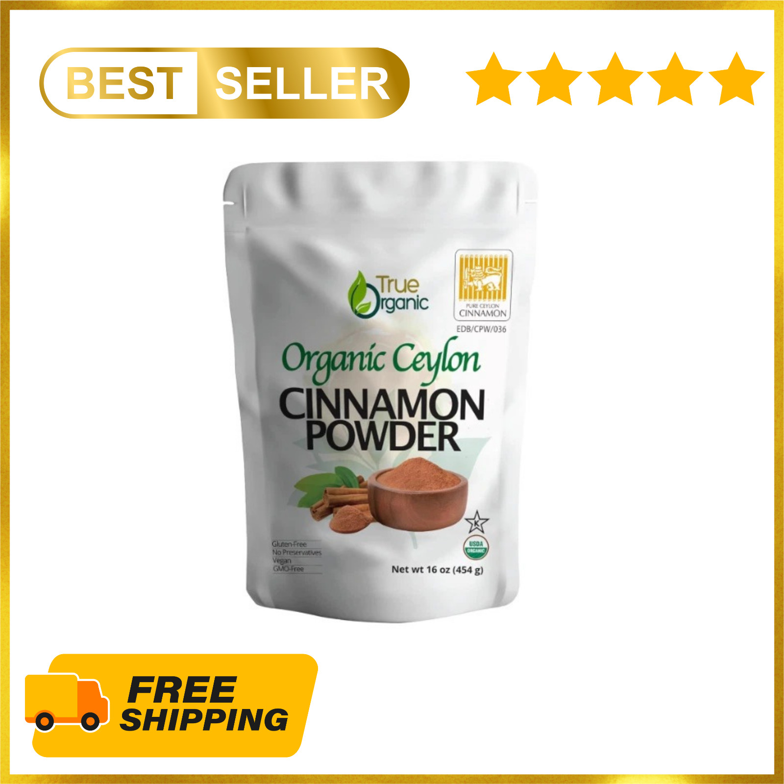 True Organic Ceylon Cinnamon Powder, 1 lb, Premium Grade, Gluten Free
